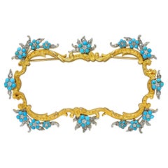 Edwardian Diamond Turquoise Platinum 14 Karat Yellow Gold Antique Floral Brooch