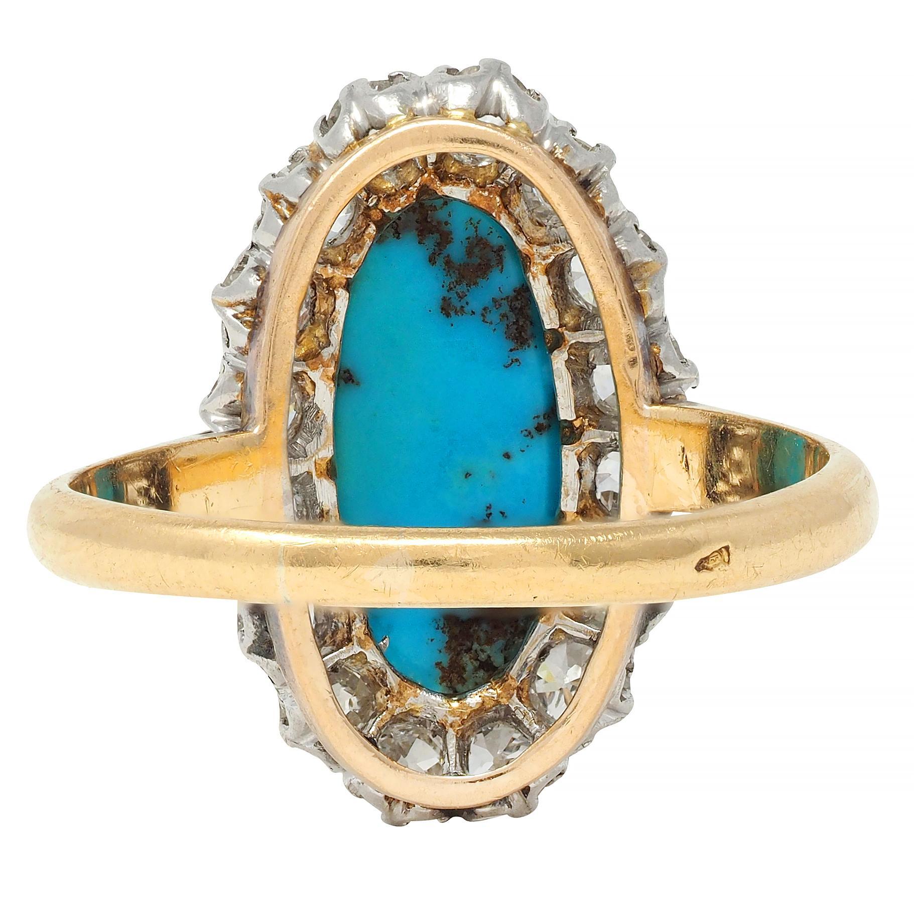 Edwardian Diamond Turquoise Platinum 14 Karat Yellow Gold Antique Halo Ring In Excellent Condition For Sale In Philadelphia, PA