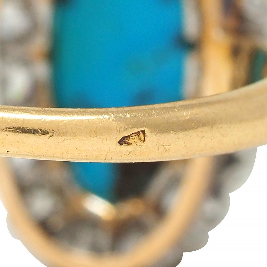 Edwardian Diamond Turquoise Platinum 14 Karat Yellow Gold Antique Halo Ring For Sale 2