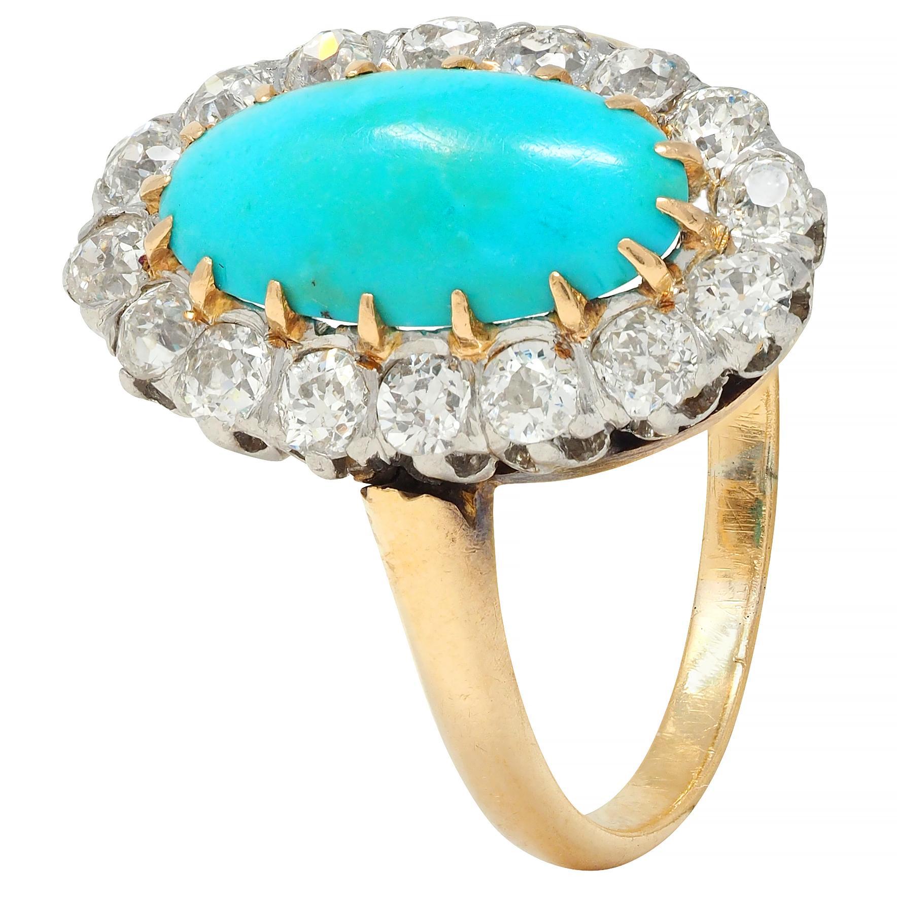 Edwardian Diamond Turquoise Platinum 14 Karat Yellow Gold Antique Halo Ring For Sale 3