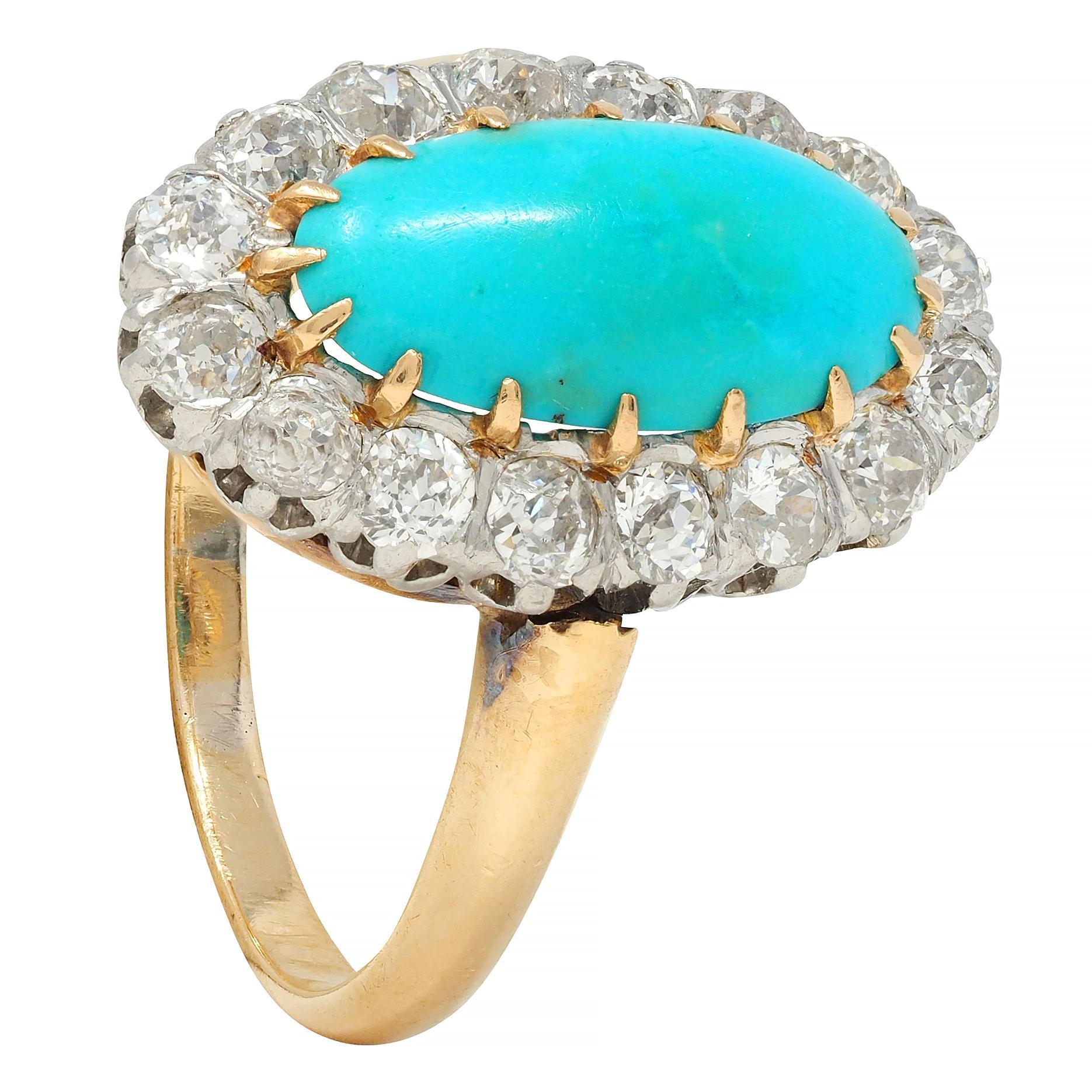 Edwardian Diamond Turquoise Platinum 14 Karat Yellow Gold Antique Halo Ring For Sale 6