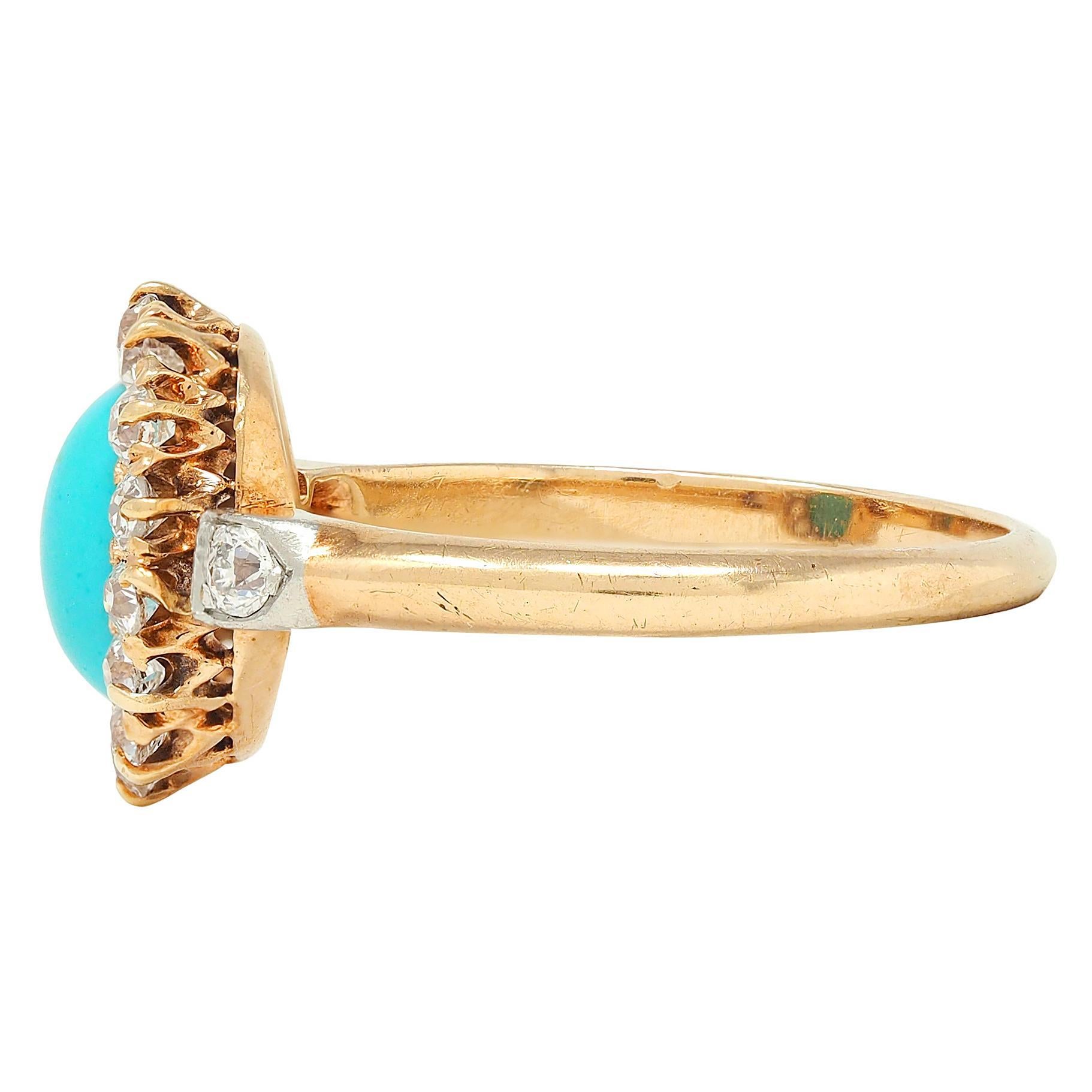 Taille cabochon Bague édouardienne ancienne en platine et or jaune 14 carats avec diamants et turquoises en vente