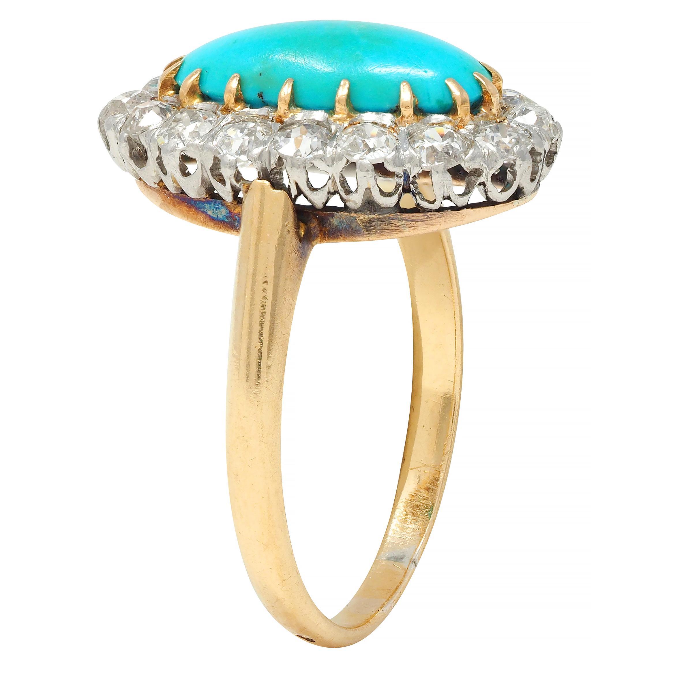 Edwardian Diamond Turquoise Platinum 14 Karat Yellow Gold Antique Halo Ring For Sale 4