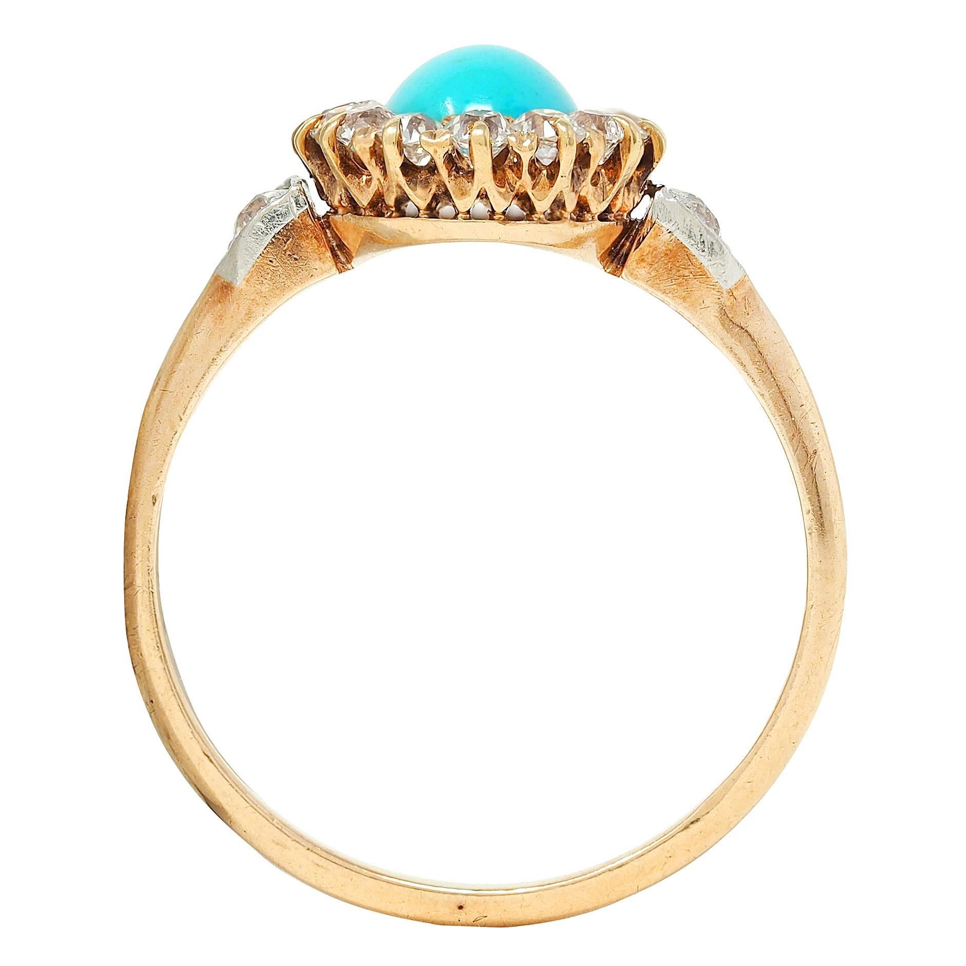 Bague édouardienne ancienne en platine et or jaune 14 carats avec diamants et turquoises Excellent état - En vente à Philadelphia, PA