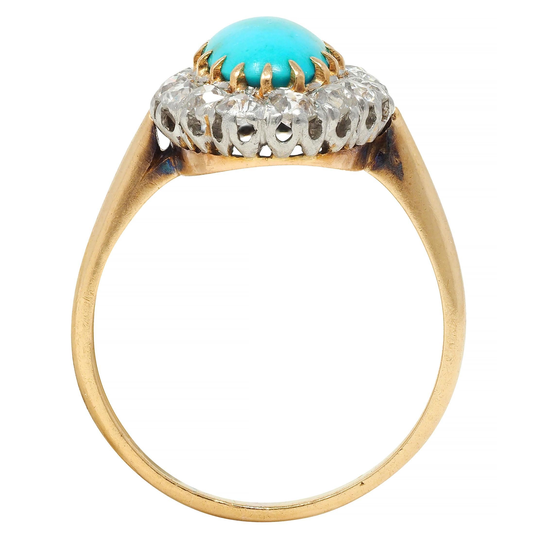 Edwardian Diamond Turquoise Platinum 14 Karat Yellow Gold Antique Halo Ring For Sale 5
