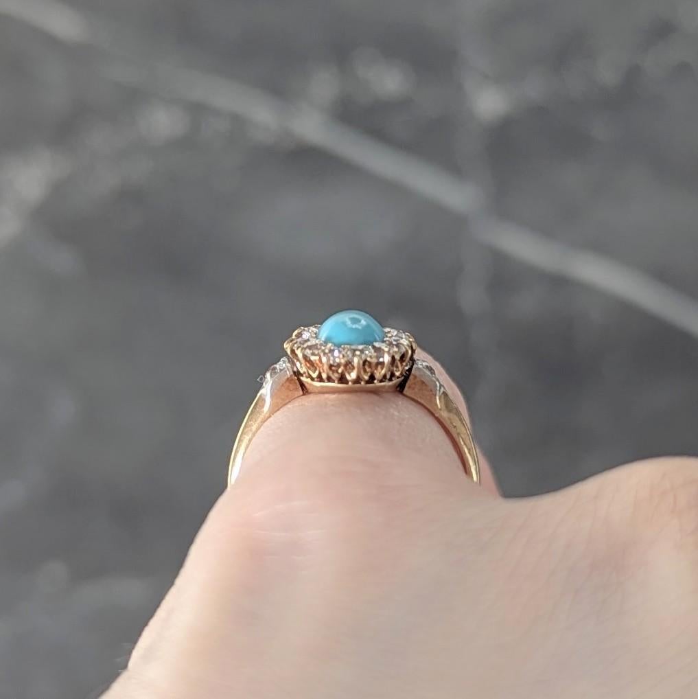 Bague édouardienne ancienne en platine et or jaune 14 carats avec diamants et turquoises Unisexe en vente