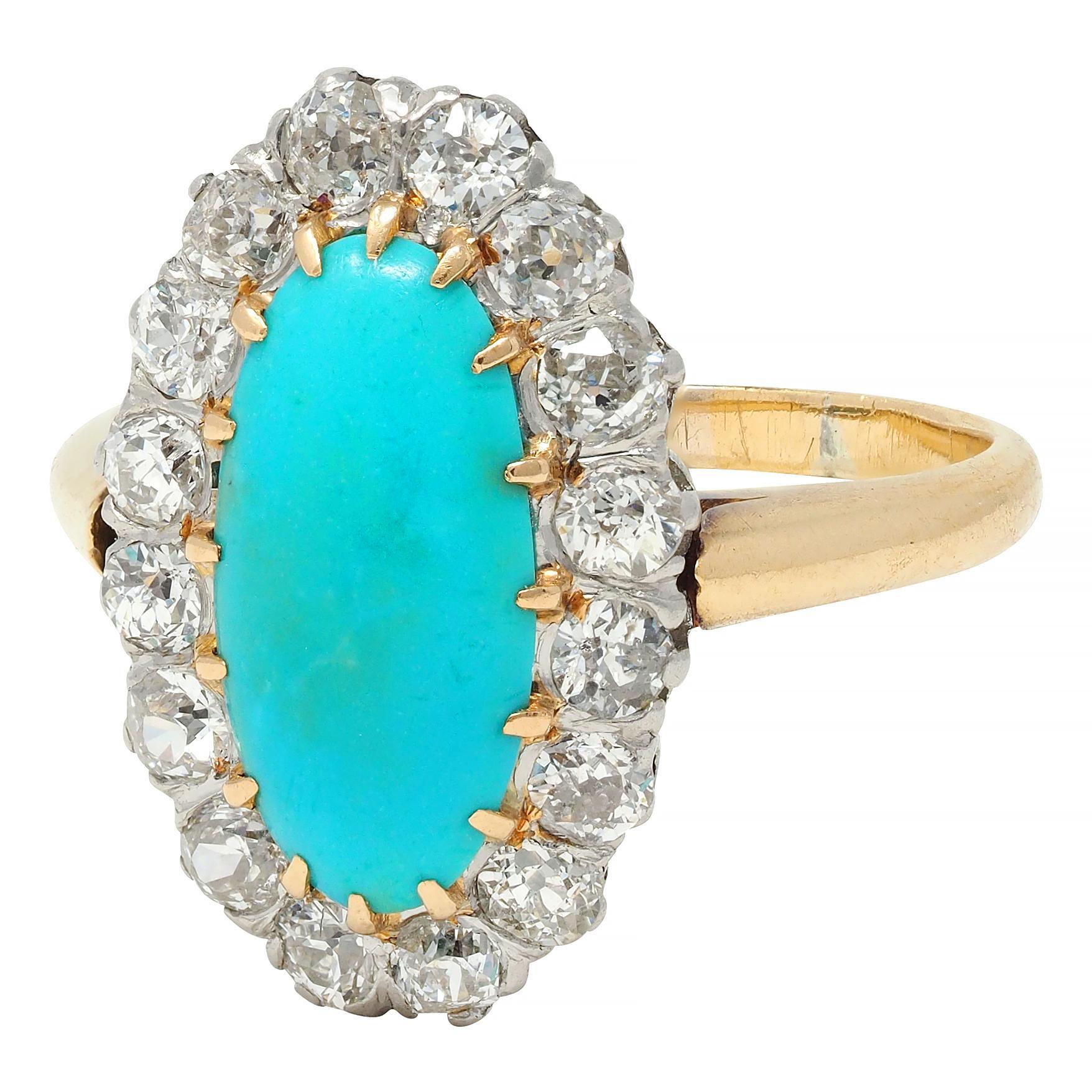 Edwardian Diamond Turquoise Platinum 14 Karat Yellow Gold Antique Halo Ring For Sale 1