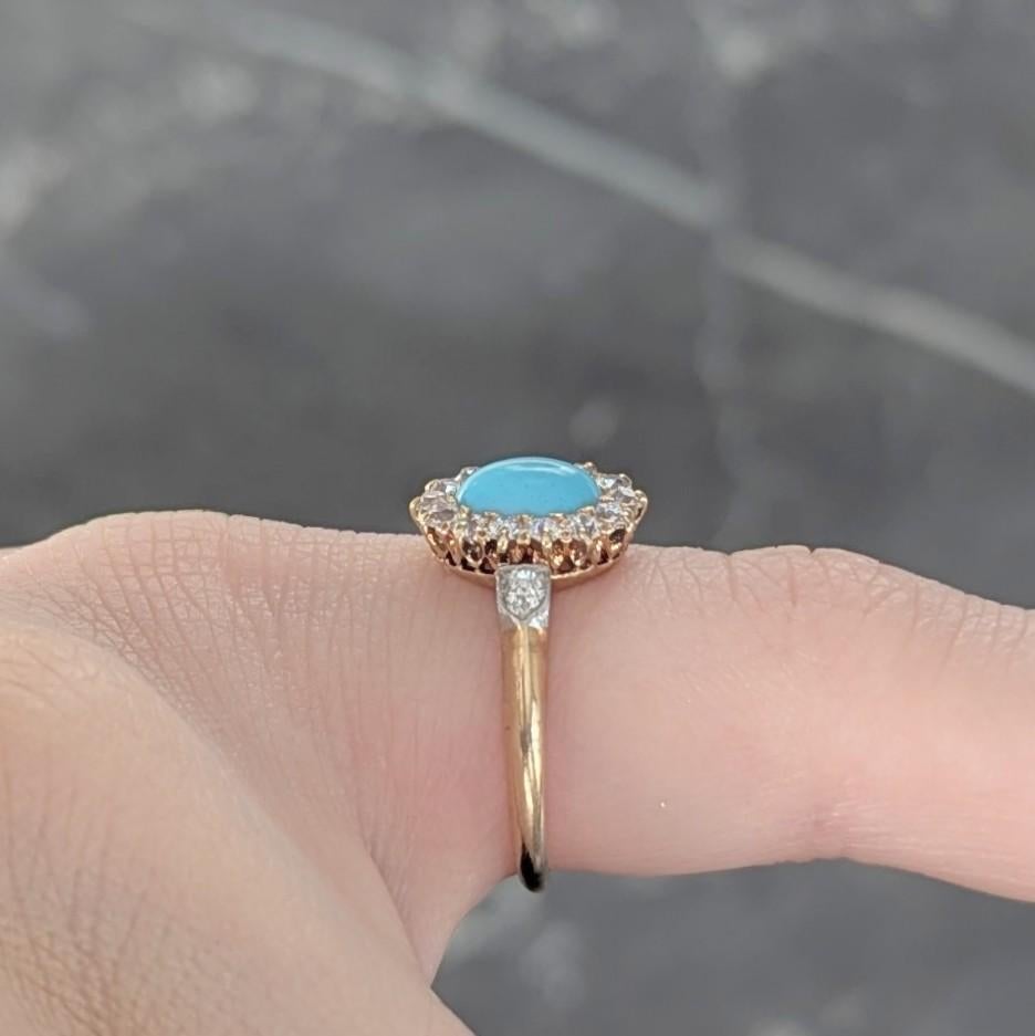 Bague édouardienne ancienne en platine et or jaune 14 carats avec diamants et turquoises en vente 1