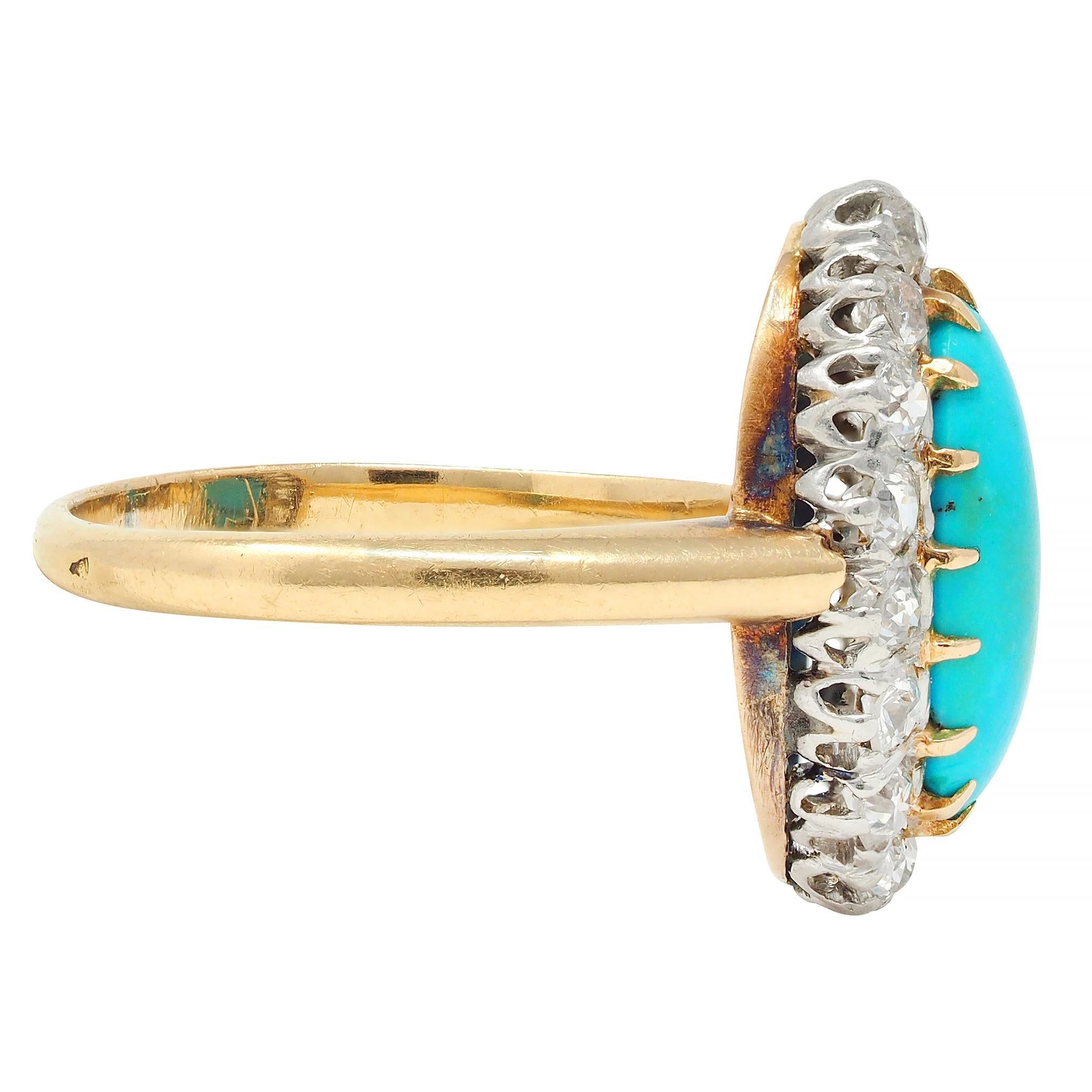 Cabochon Edwardian Diamond Turquoise Platinum 14 Karat Yellow Gold Antique Halo Ring For Sale
