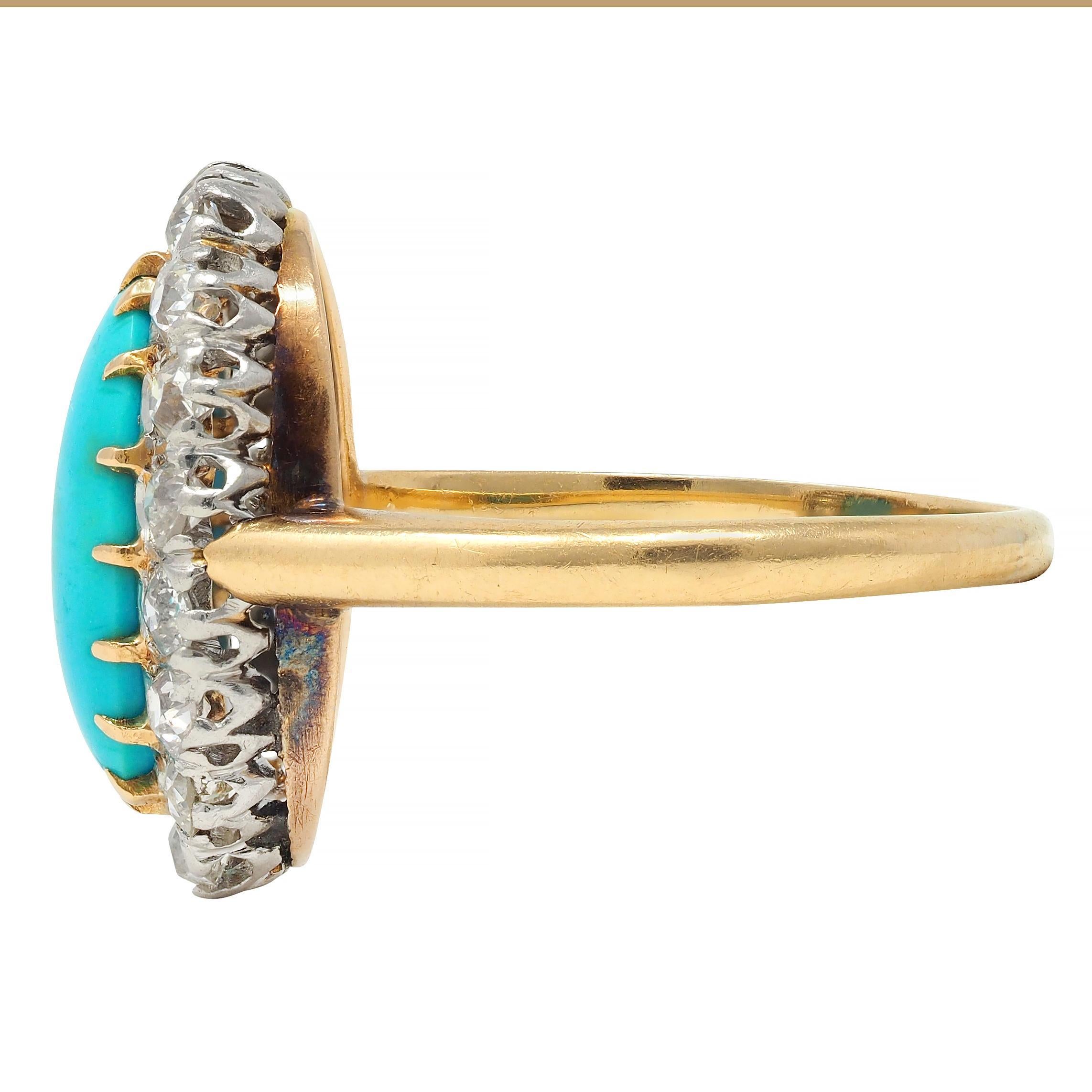 Women's or Men's Edwardian Diamond Turquoise Platinum 14 Karat Yellow Gold Antique Halo Ring For Sale