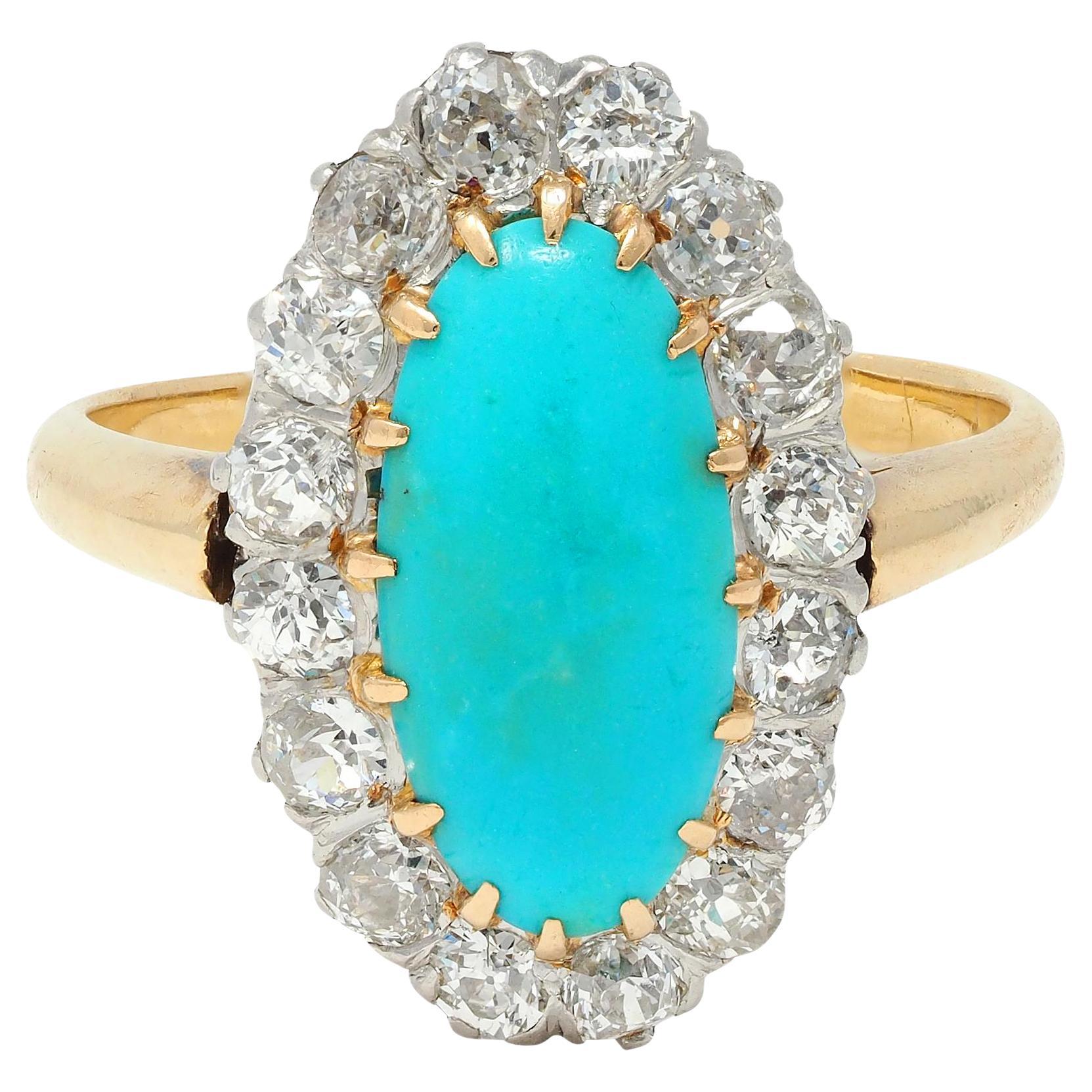 Edwardian Diamond Turquoise Platinum 14 Karat Yellow Gold Antique Halo Ring For Sale