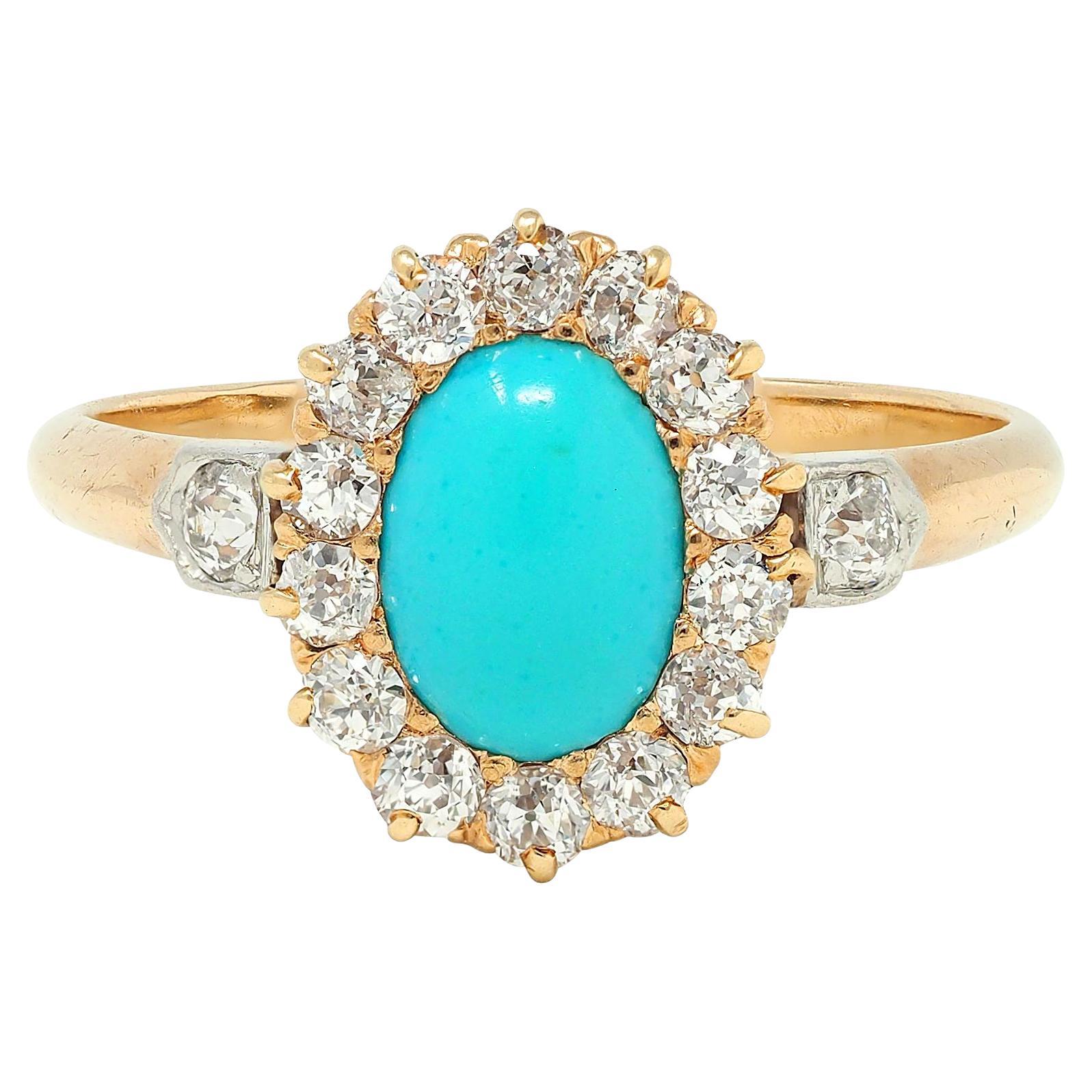 Edwardian Diamond Turquoise Platinum 14 Karat Yellow Gold Antique Halo Ring