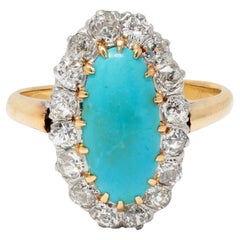 Edwardian Diamond Turquoise Platinum 14 Karat Yellow Gold Antique Halo Ring