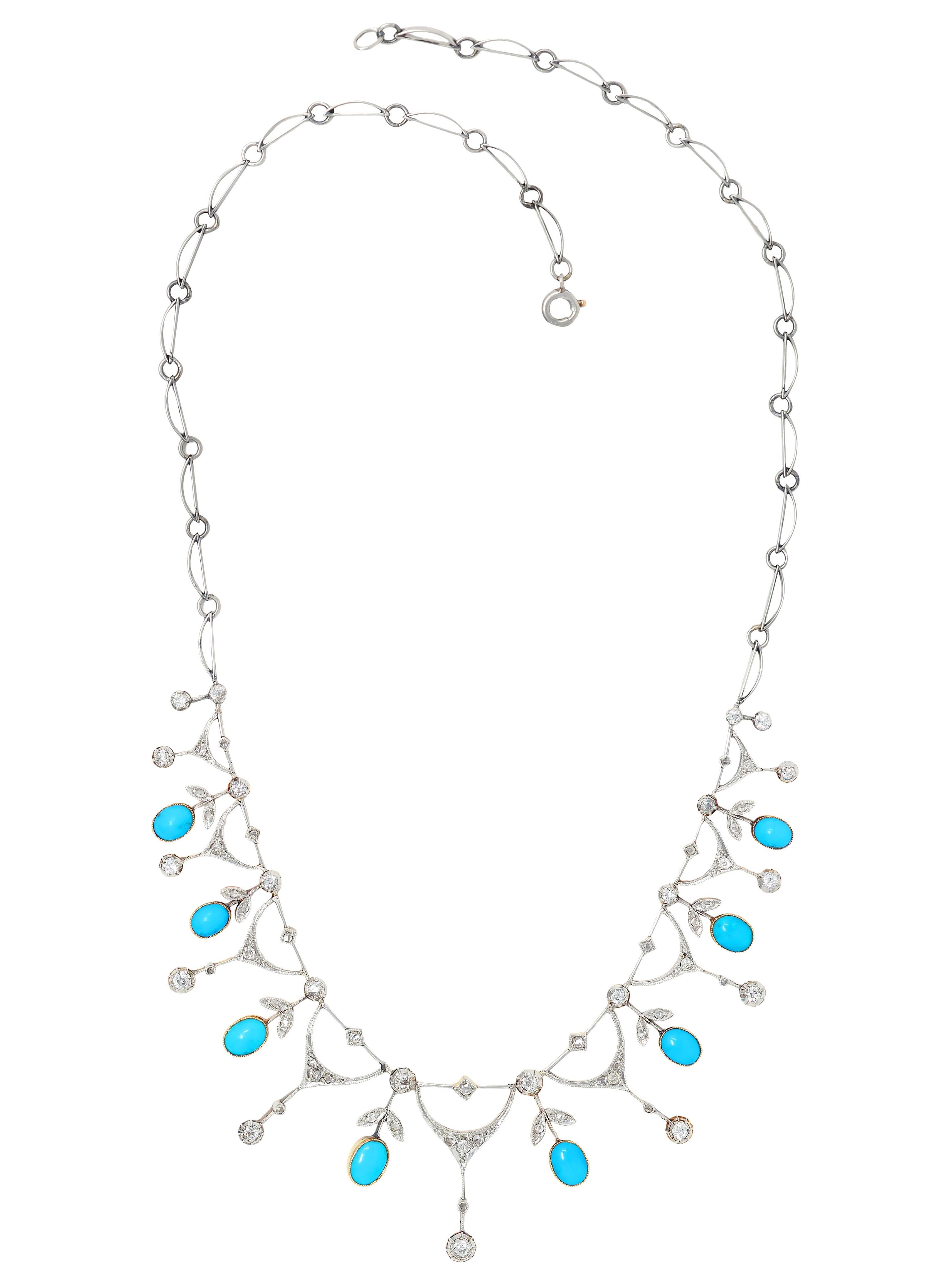 Edoardiano Edwardian Diamond Turquoise Platinum 18K Gold Antique Foliate Fringe Necklace in vendita