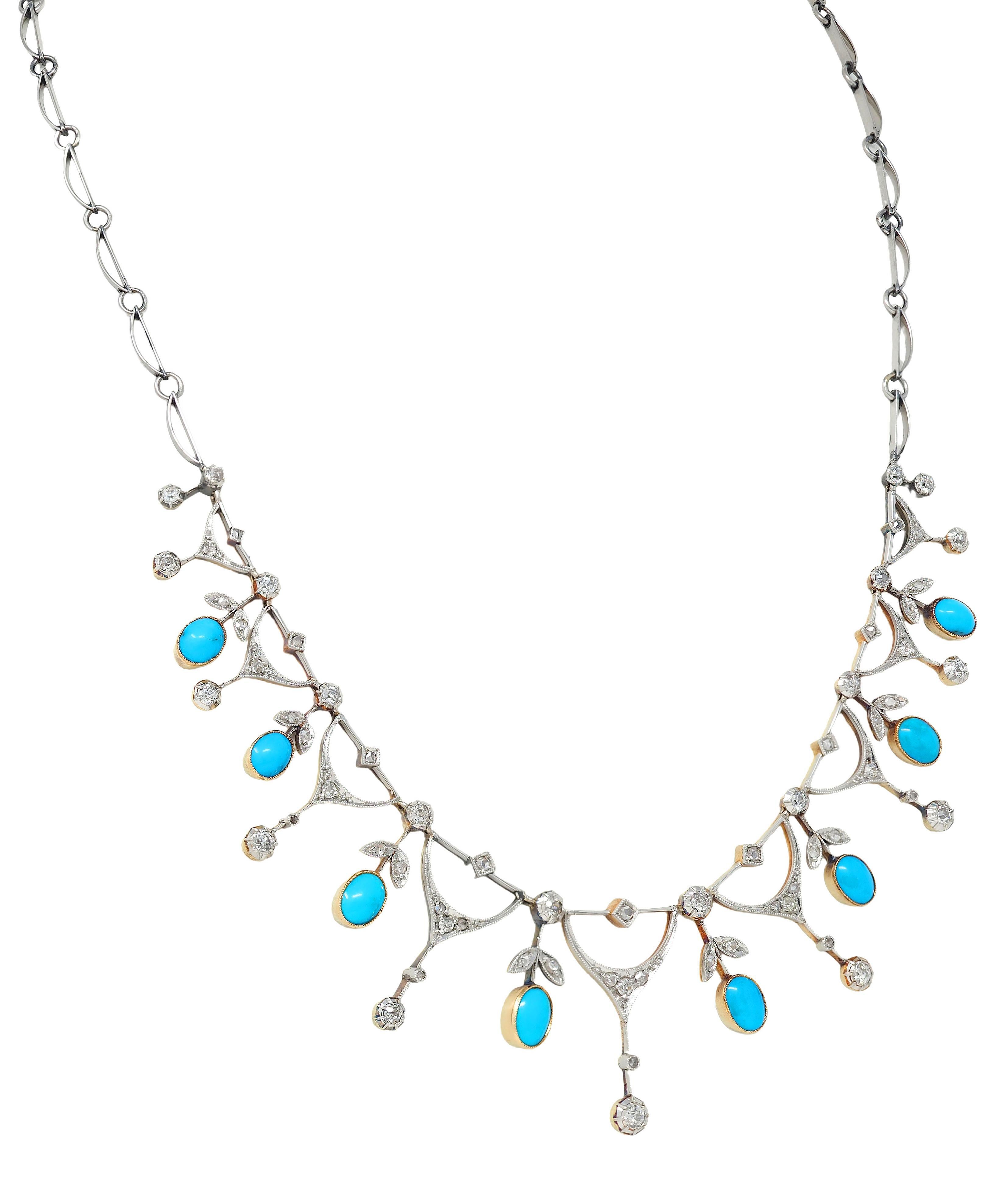Cabochon Edwardian Diamond Turquoise Platinum 18K Gold Antique Foliate Fringe Necklace in vendita