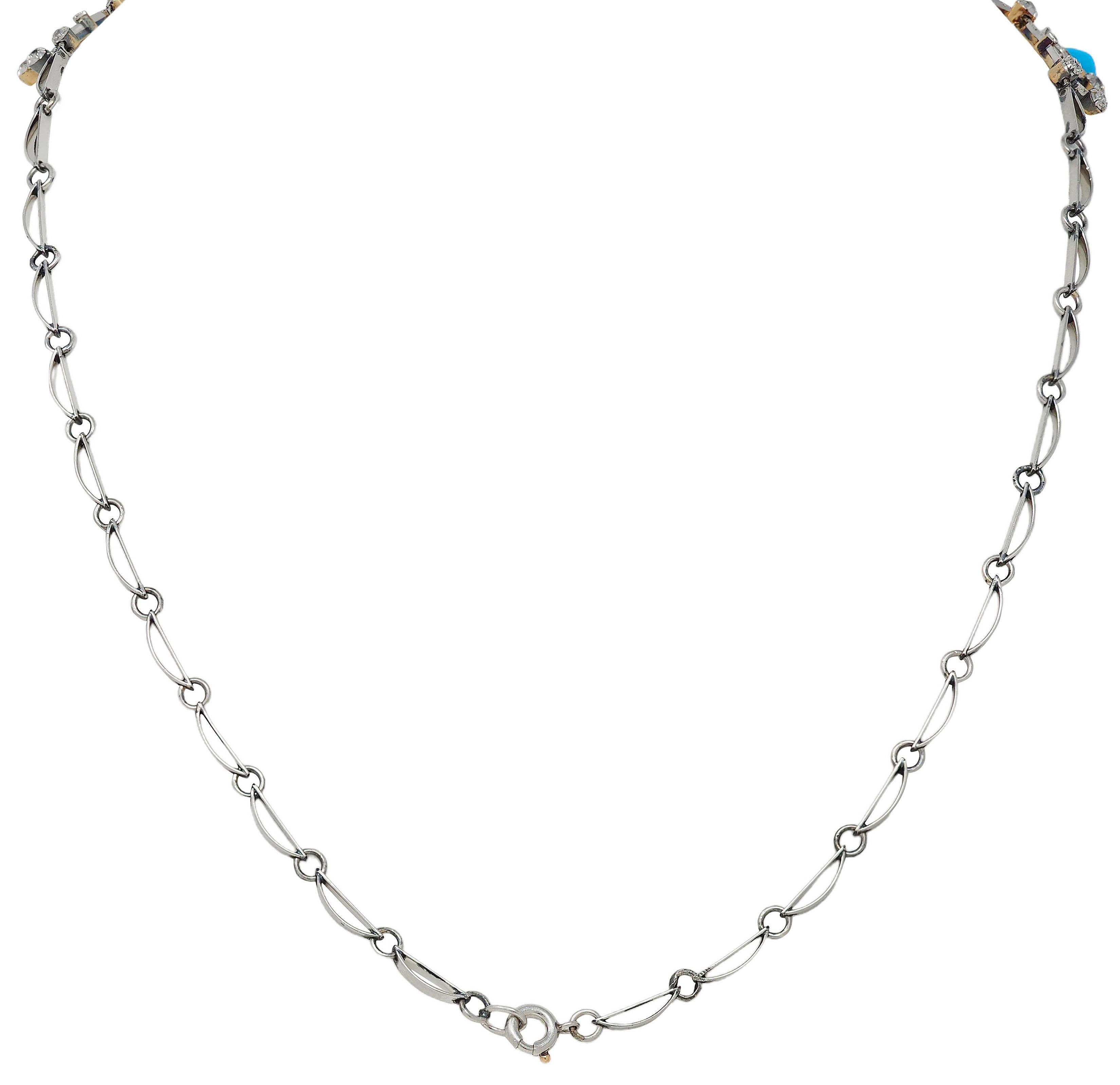 Edwardian Diamond Turquoise Platinum 18K Gold Antique Foliate Fringe Necklace In condizioni ottime in vendita a Philadelphia, PA