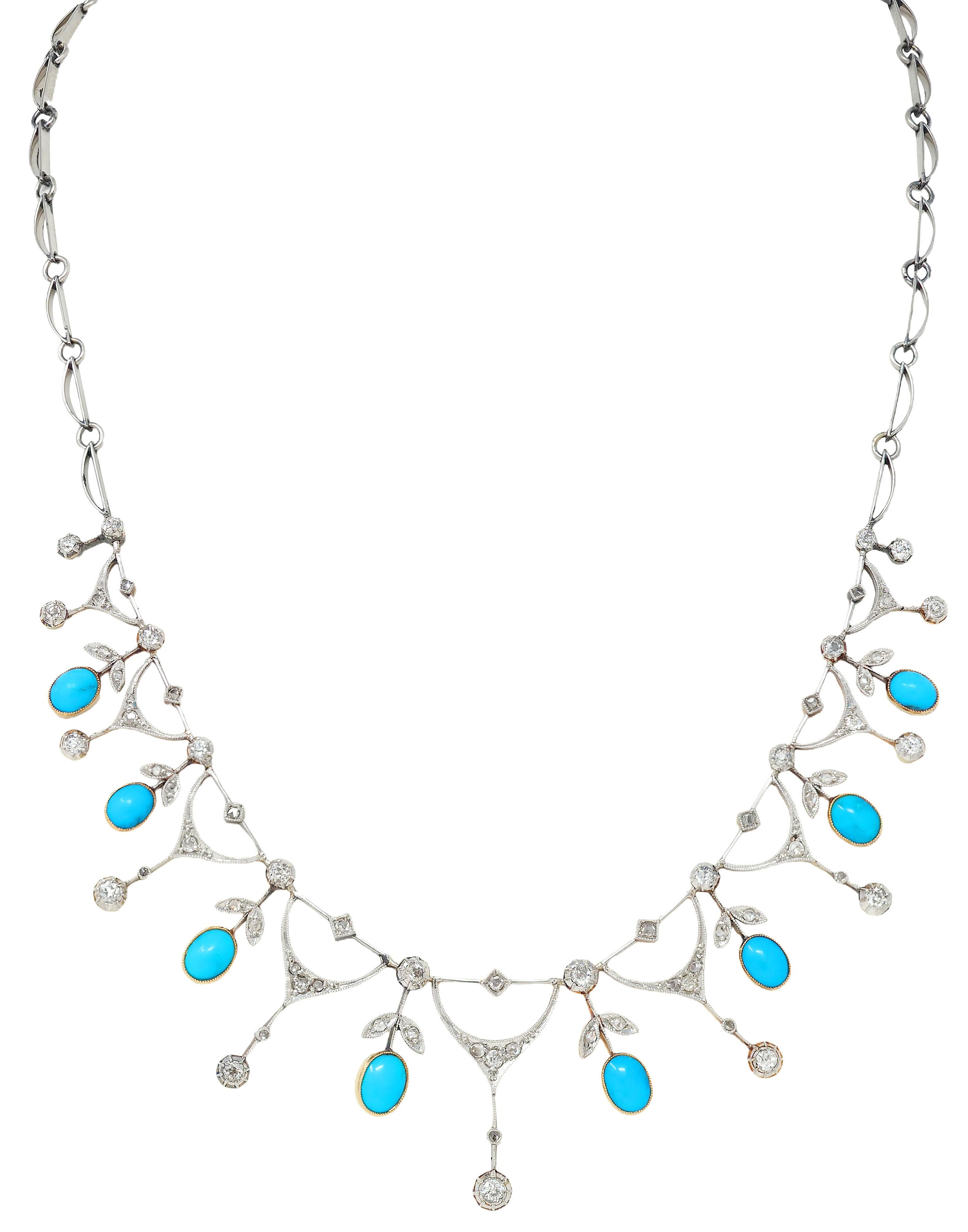 da uomo o donna Edwardian Diamond Turquoise Platinum 18K Gold Antique Foliate Fringe Necklace in vendita