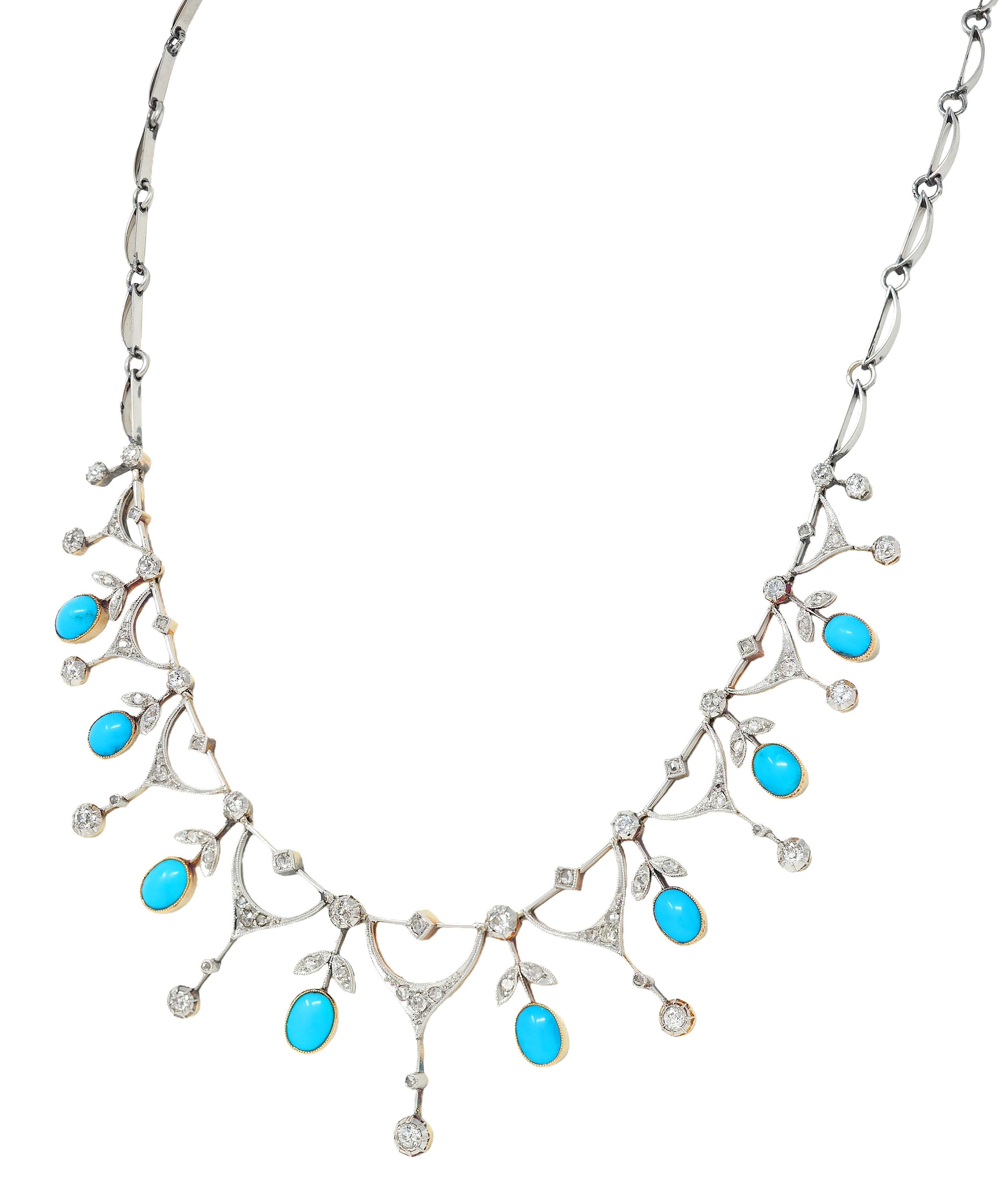 Edwardian Diamond Turquoise Platinum 18K Gold Antique Foliate Fringe Necklace in vendita 1