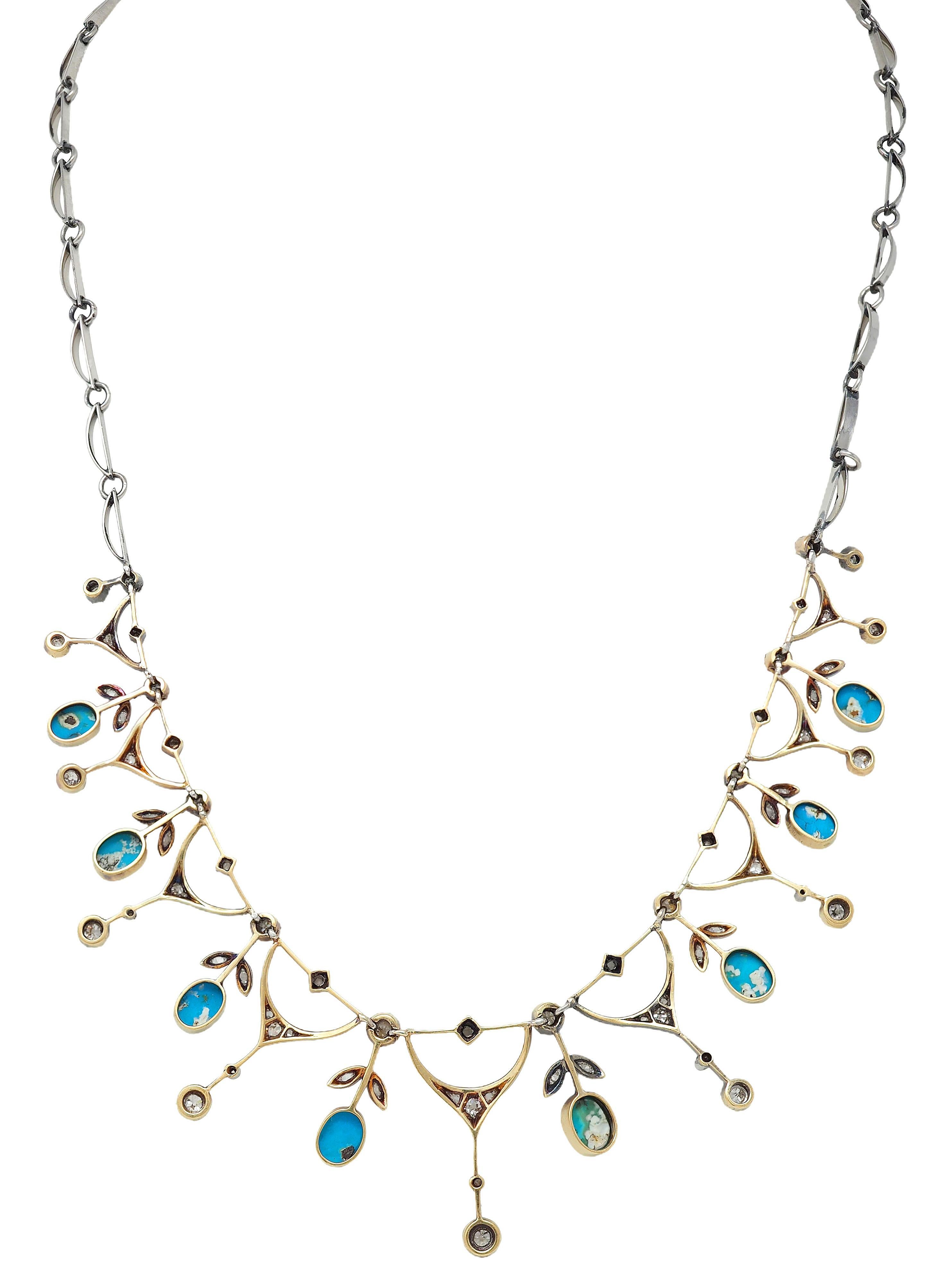 Edwardian Diamond Turquoise Platinum 18K Gold Antique Foliate Fringe Necklace in vendita 2
