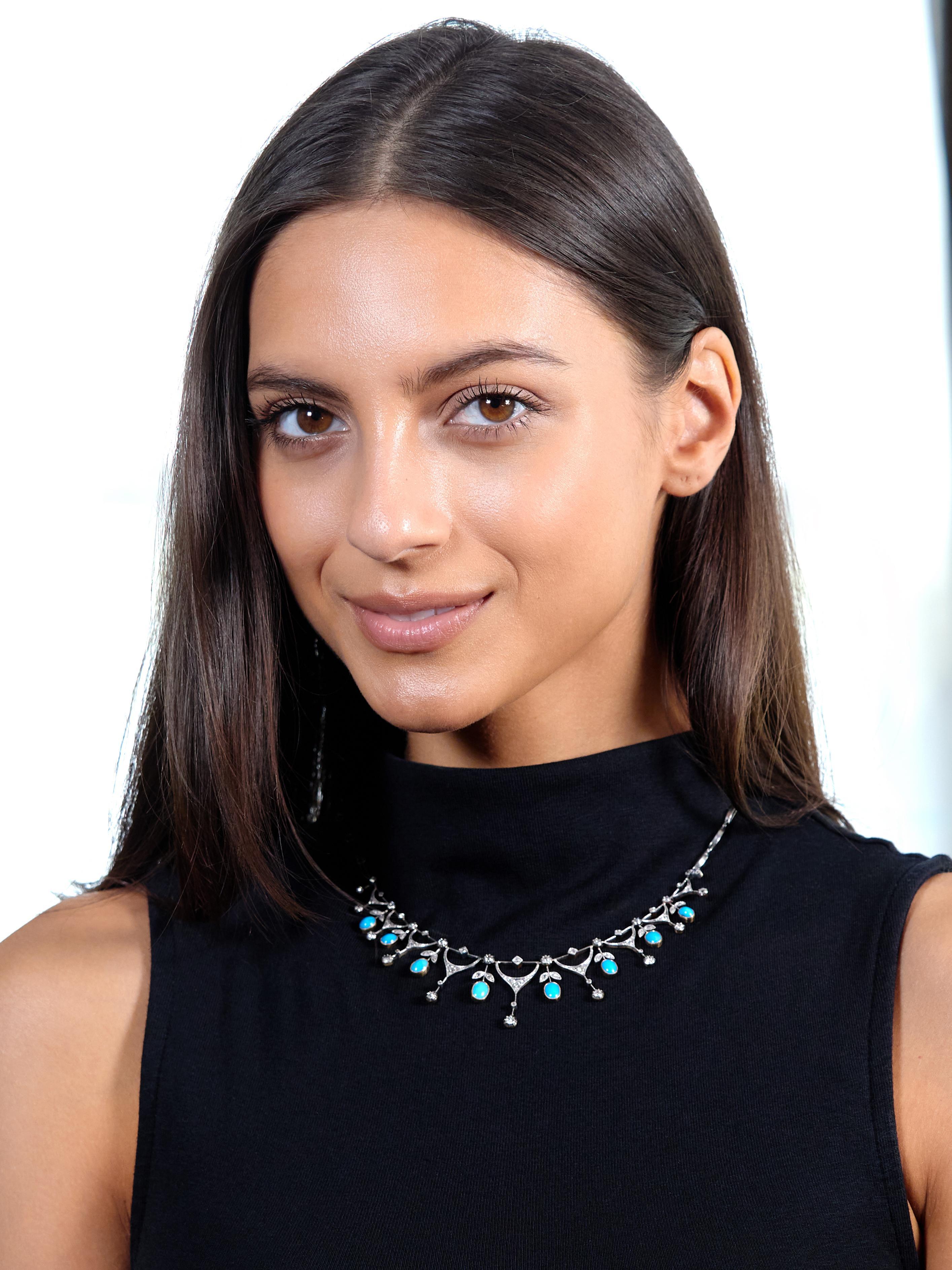 Edwardian Diamond Turquoise Platinum 18K Gold Antique Foliate Fringe Necklace in vendita 3