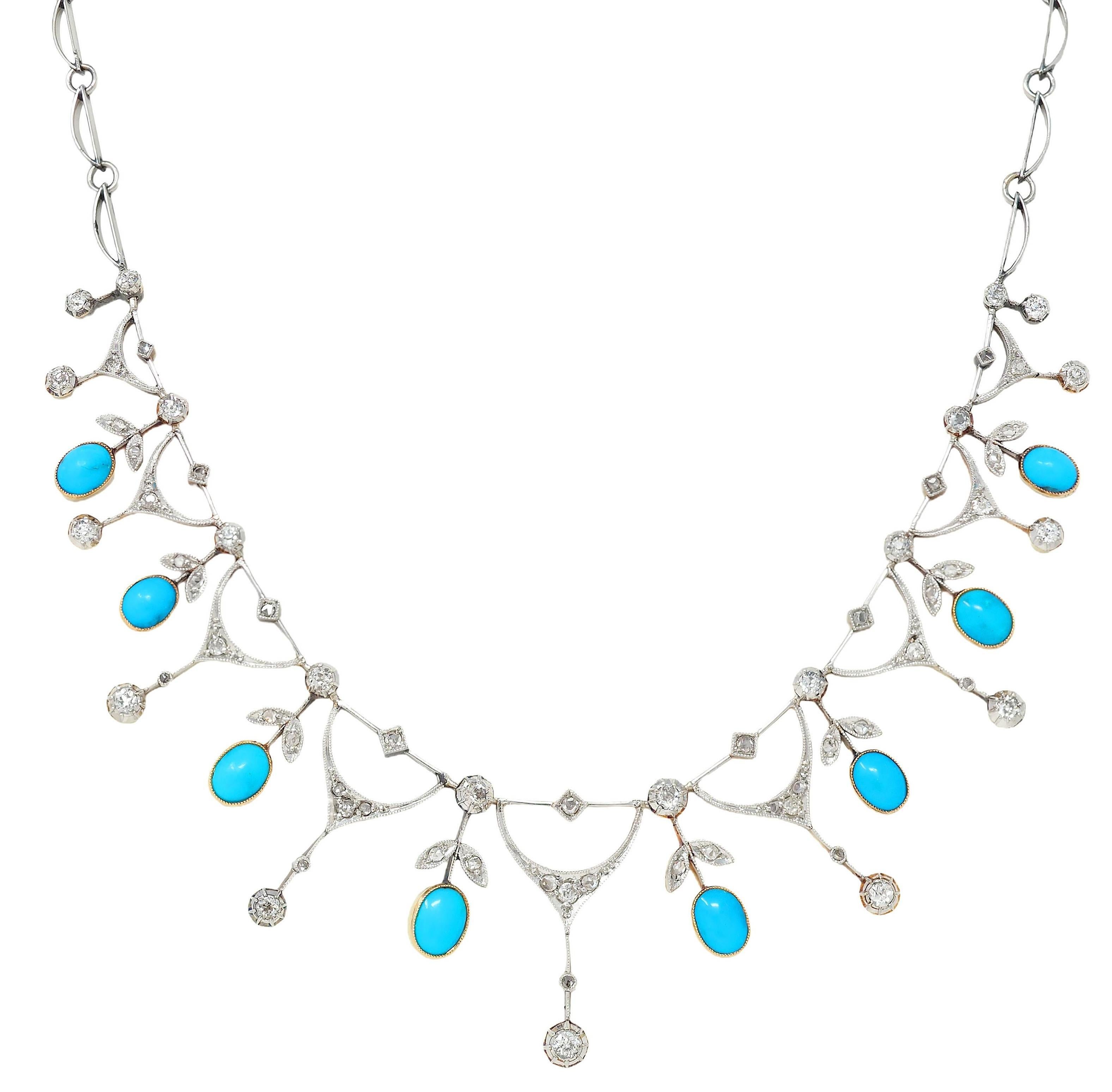 Edwardian Diamond Turquoise Platinum 18K Gold Antique Foliate Fringe Necklace in vendita