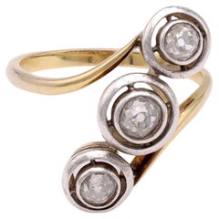 Antique Edwardian Diamond Yellow Gold and Silver Three Stone Ring