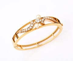 Edwardian Diamonds with Pearl Elegant Gold Bangle Bracelet