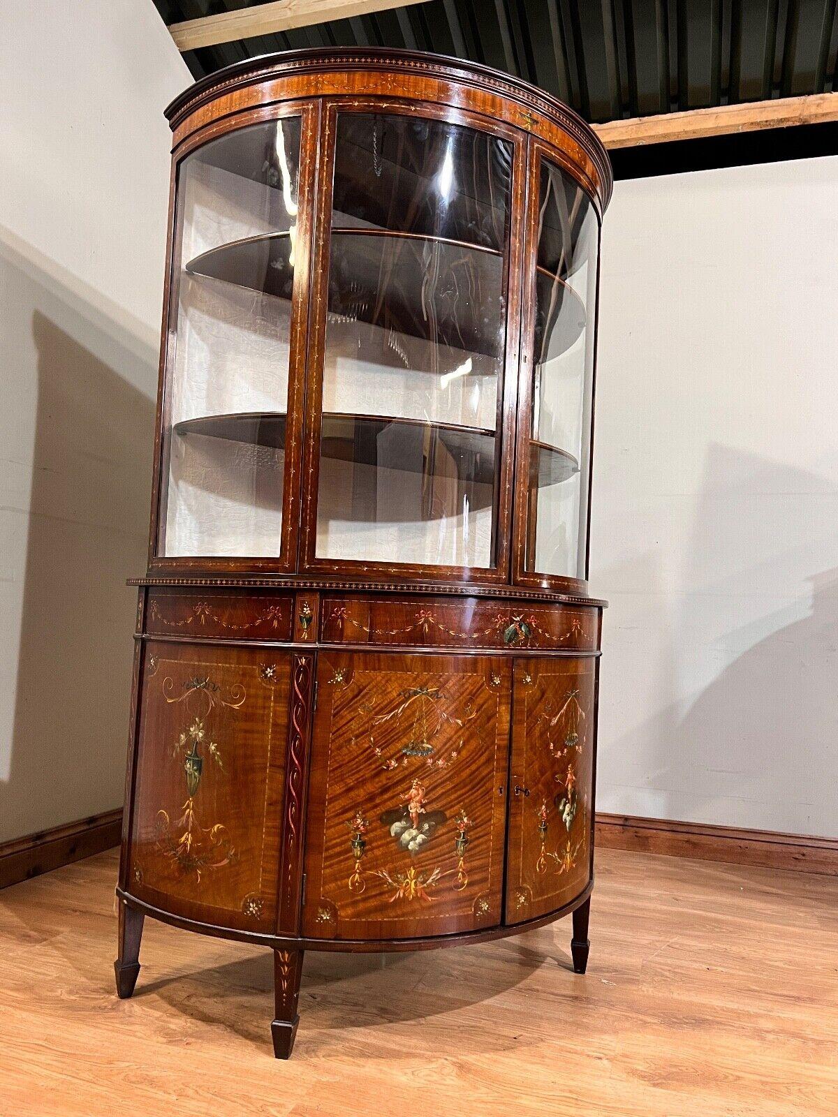 Glass Edwardian Display Cabinet Painted Mahogany Bow Front 1900 For Sale