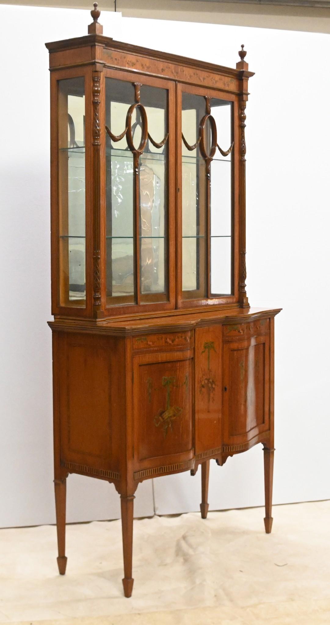 Early 20th Century Edwardian Display Cabinet Painted Satinwood Bookcase 1910 For Sale