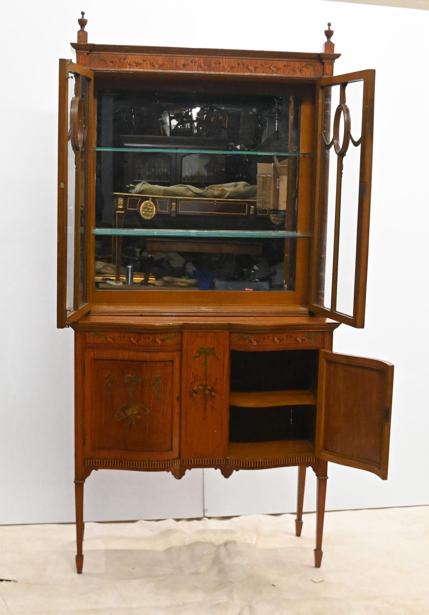 Edwardian Display Cabinet Painted Satinwood Bookcase 1910 For Sale 1