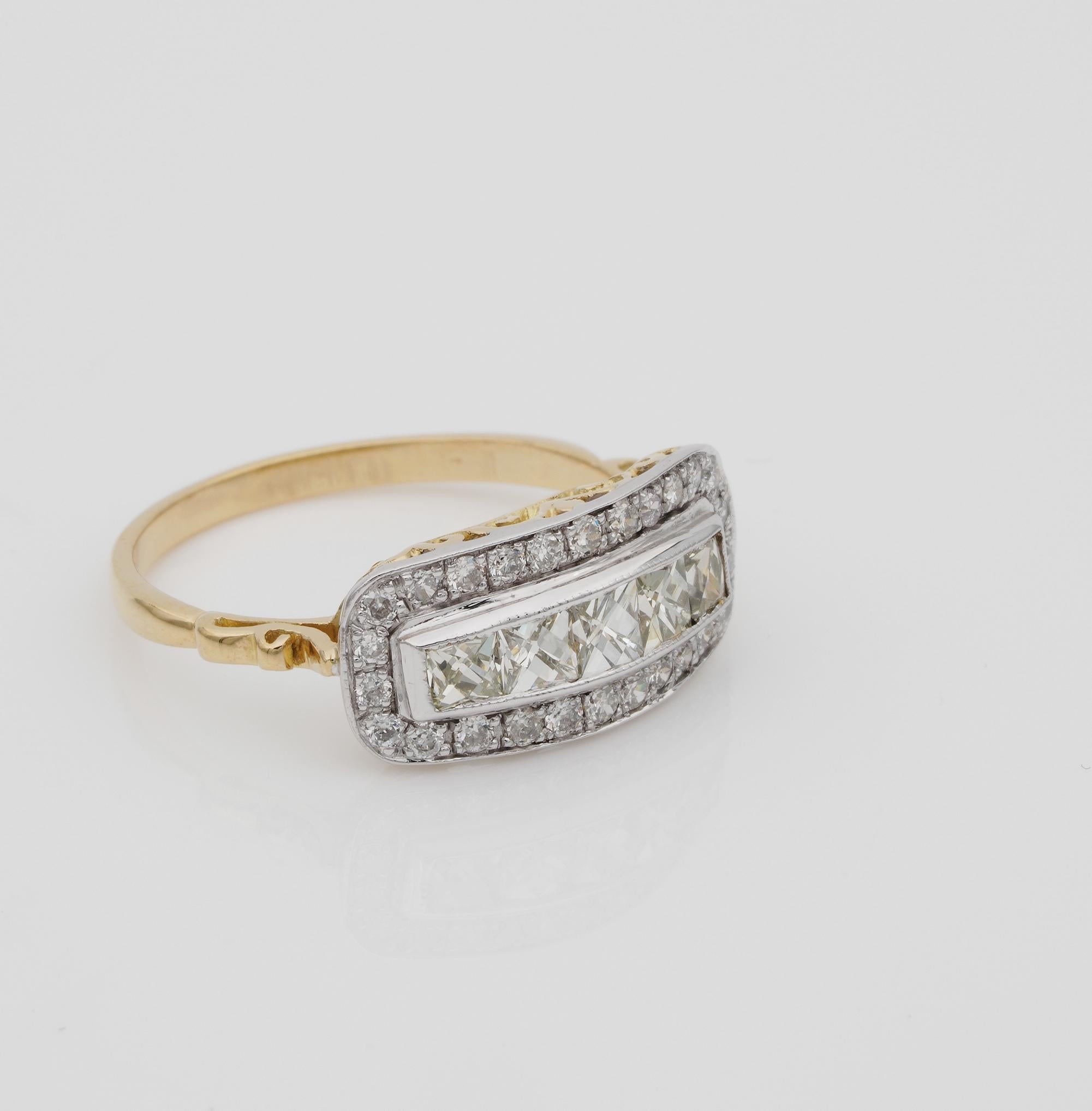 Belle Epoque French beauty!

One of a kind for distinctive design and rare French Diamond cut ring, this is Edwardian distinctive and premier five stone ring
Hand crafted of solid Platinum over the top with 18 KT yellow shank
Crown is set with a