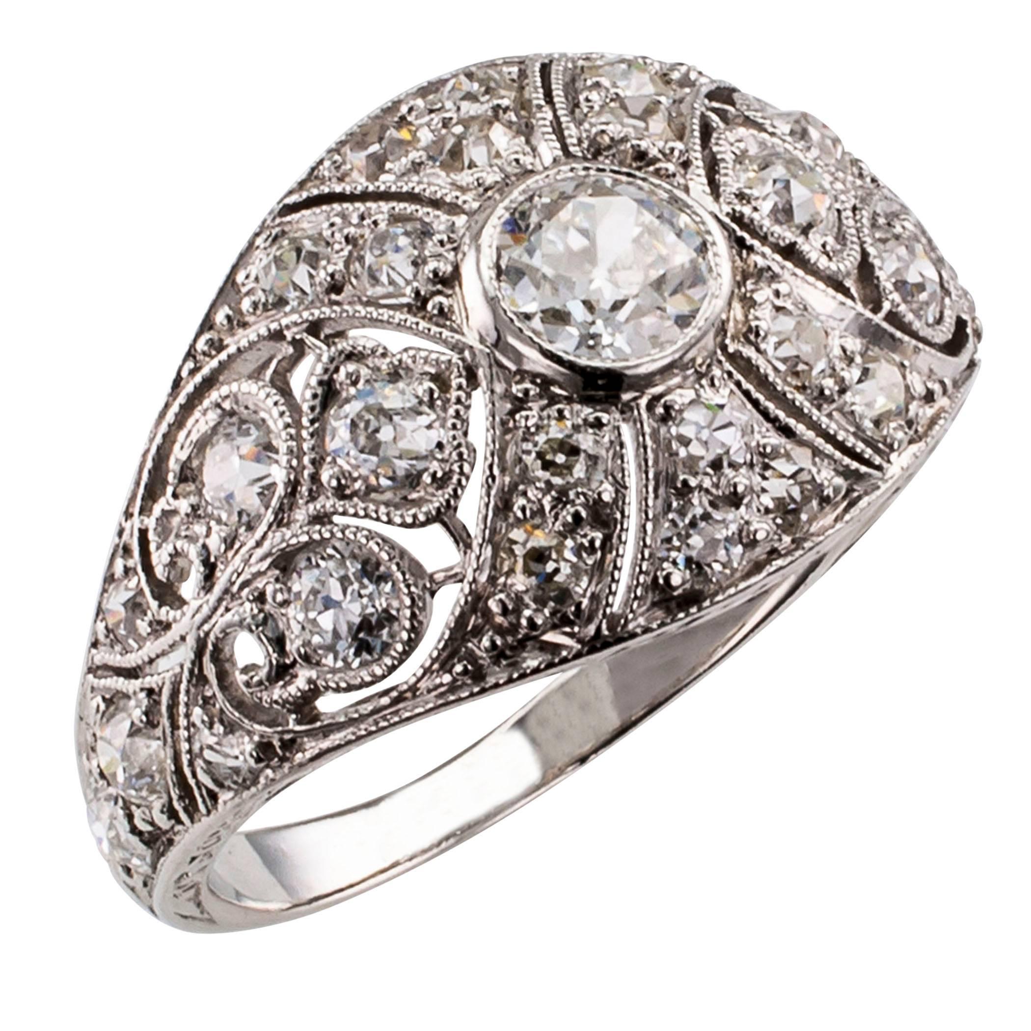 Edwardian Domed Diamond Platinum Ring In Excellent Condition In Los Angeles, CA