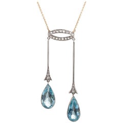 Antique Edwardian Double Aquamarine Drop Necklace with Diamonds
