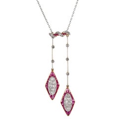 Edwardian Double Diamond and Ruby Drop Necklace