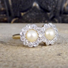 Edwardian Double Pearl and Diamond Daisy Cluster Ring in 18ct Yellow Gold