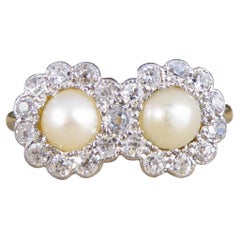 Edwardian Double Pearl and Diamond Daisy Cluster Ring in 18ct Yellow Gold