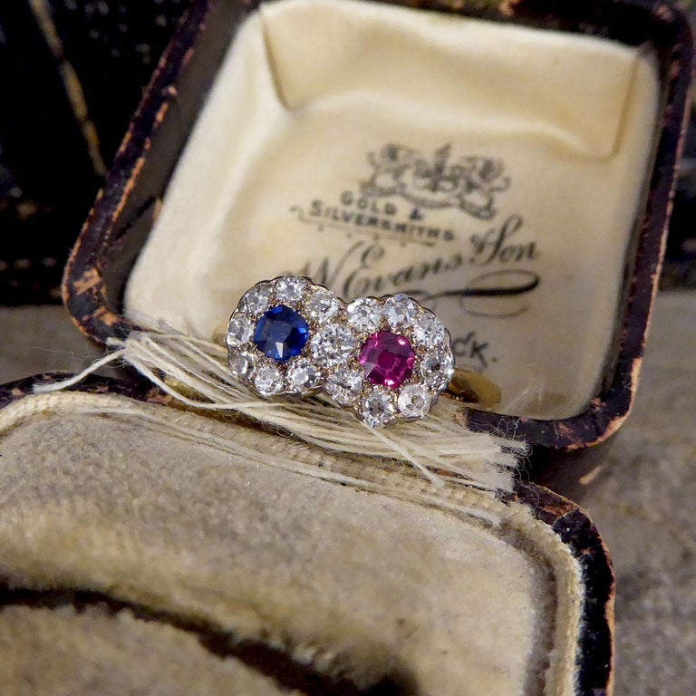 Edwardian Double Sapphire and Ruby Diamond Daisy Cluster Ring in 18ct Gold For Sale 5