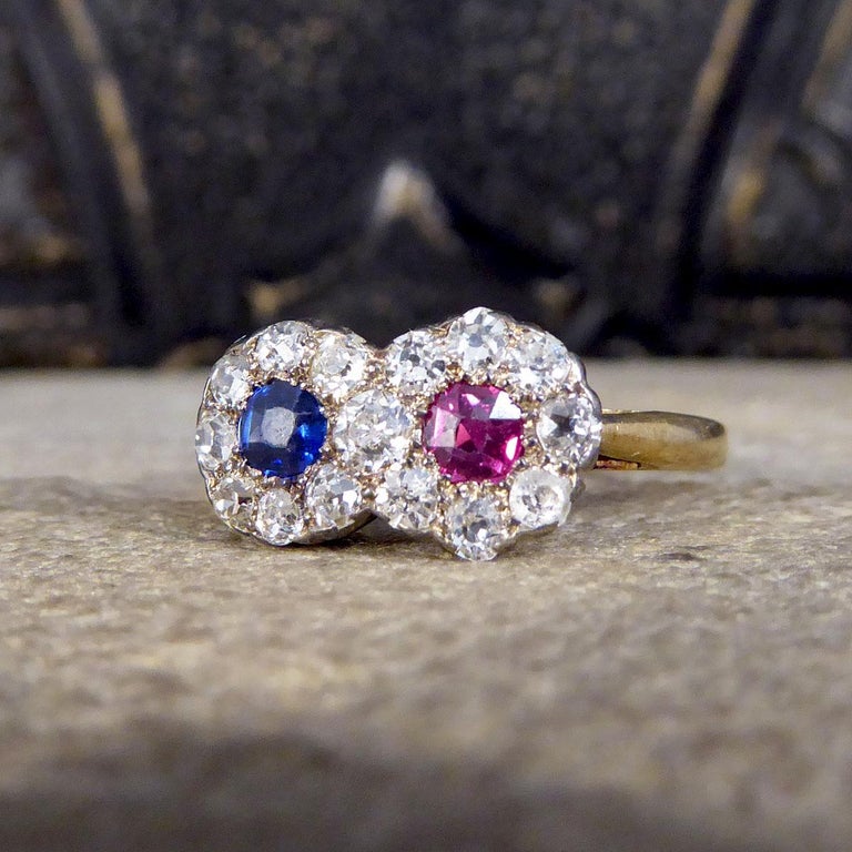 Women's or Men's Edwardian Double Sapphire and Ruby Diamond Daisy Cluster Ring in 18ct Gold For Sale