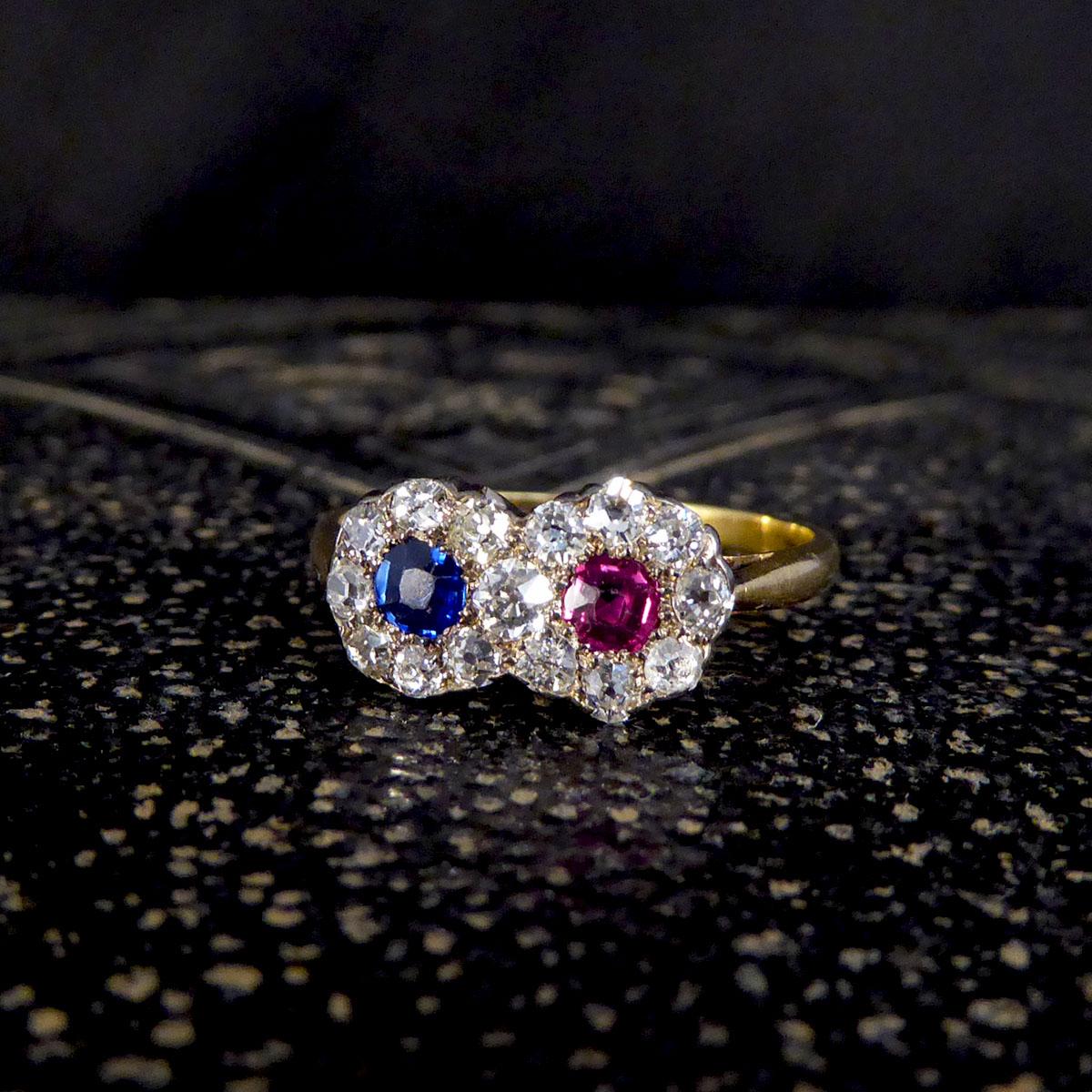 Edwardian Double Sapphire and Ruby Diamond Daisy Cluster Ring in 18ct Gold For Sale 2