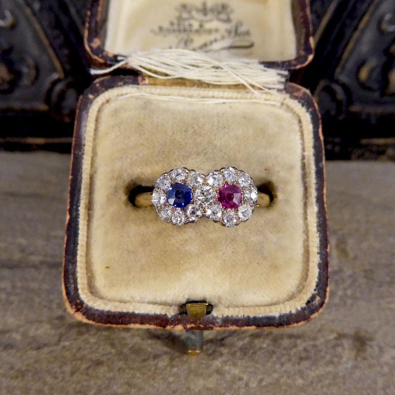 Edwardian Double Sapphire and Ruby Diamond Daisy Cluster Ring in 18ct Gold For Sale 3