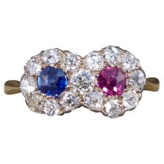 Retro Edwardian Double Sapphire and Ruby Diamond Daisy Cluster Ring in 18ct Gold