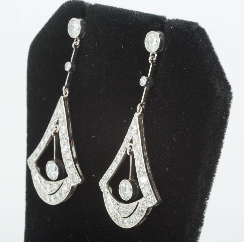 Platinum set Mill grain  Edwardian Diamond drop earrings