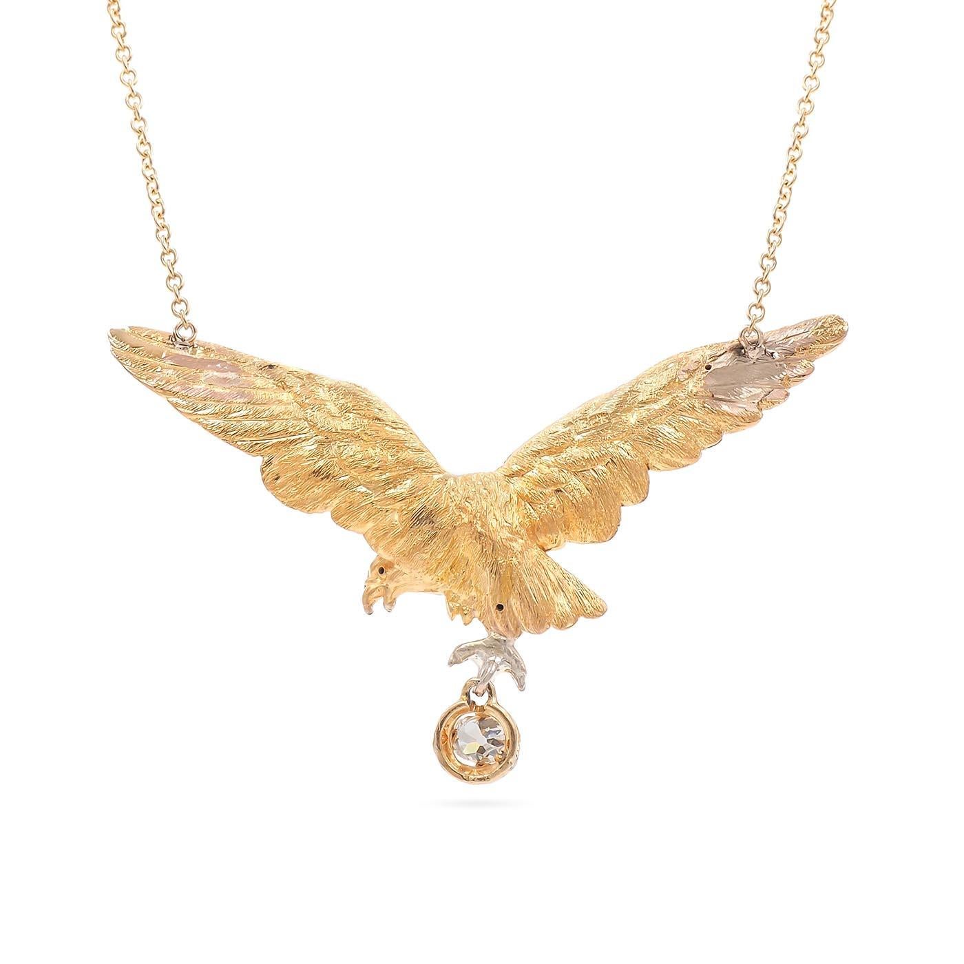 Edwardian Eagle Pendant Necklace with Old Mine Cut Diamond Drop In Excellent Condition In Los Angeles, CA