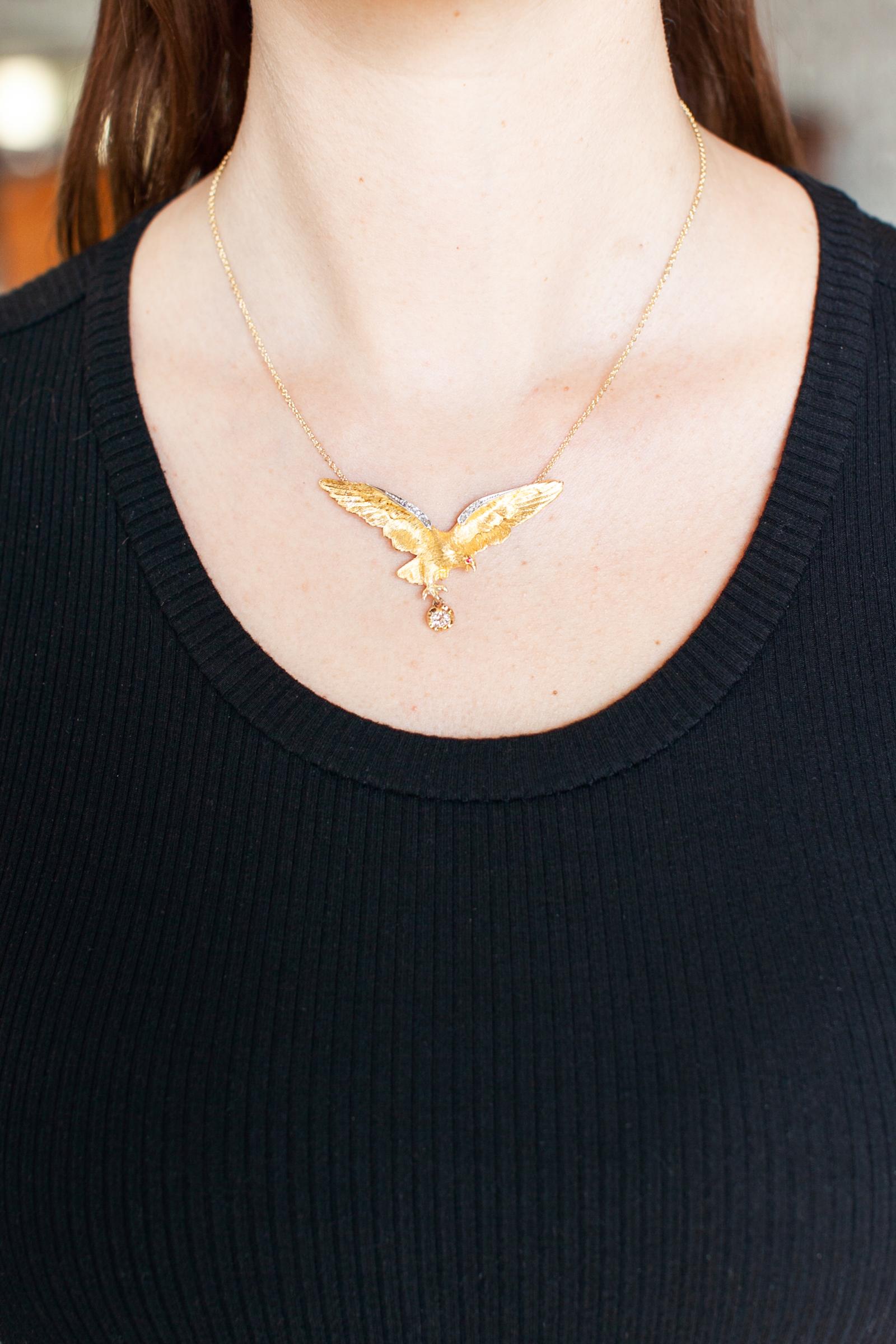 Women's Edwardian Eagle Pendant Necklace with Old Mine Cut Diamond Drop
