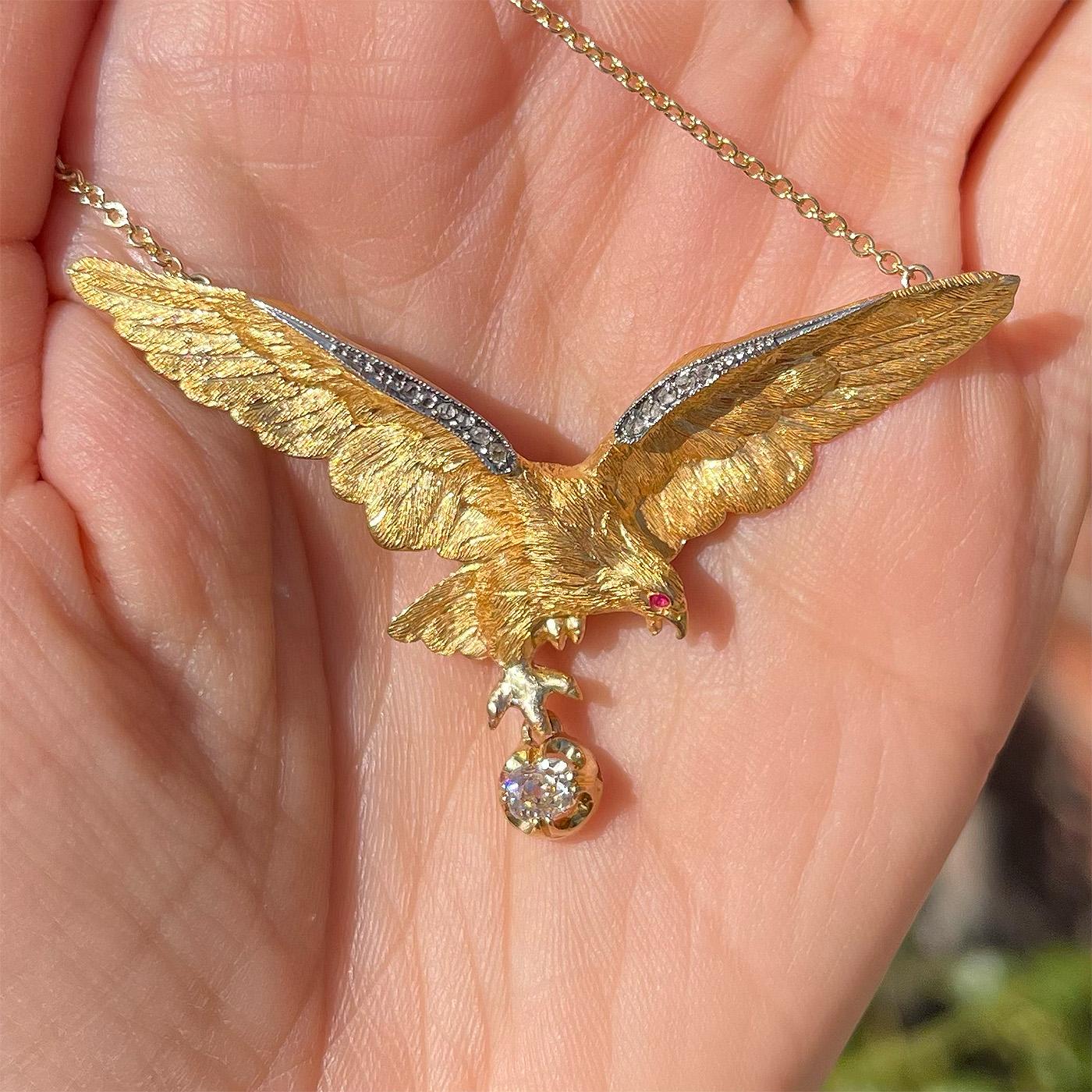 Edwardian Eagle Pendant Necklace with Old Mine Cut Diamond Drop 1