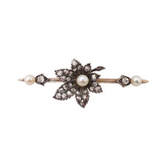 Edwardian Early 20th Century Diamond and Pearl Maple Leaf Bar Brooch