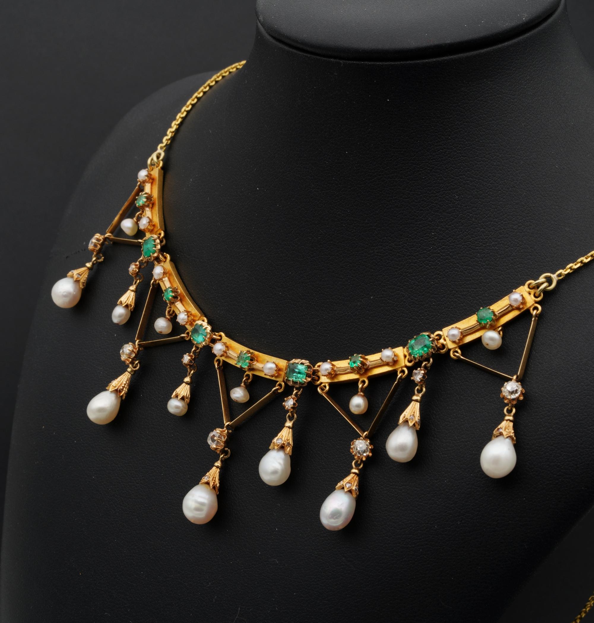 Frühe seltene Diamant-Perlen-Smaragd-Swag-Halskette im Edwardian-Stil im Angebot 1
