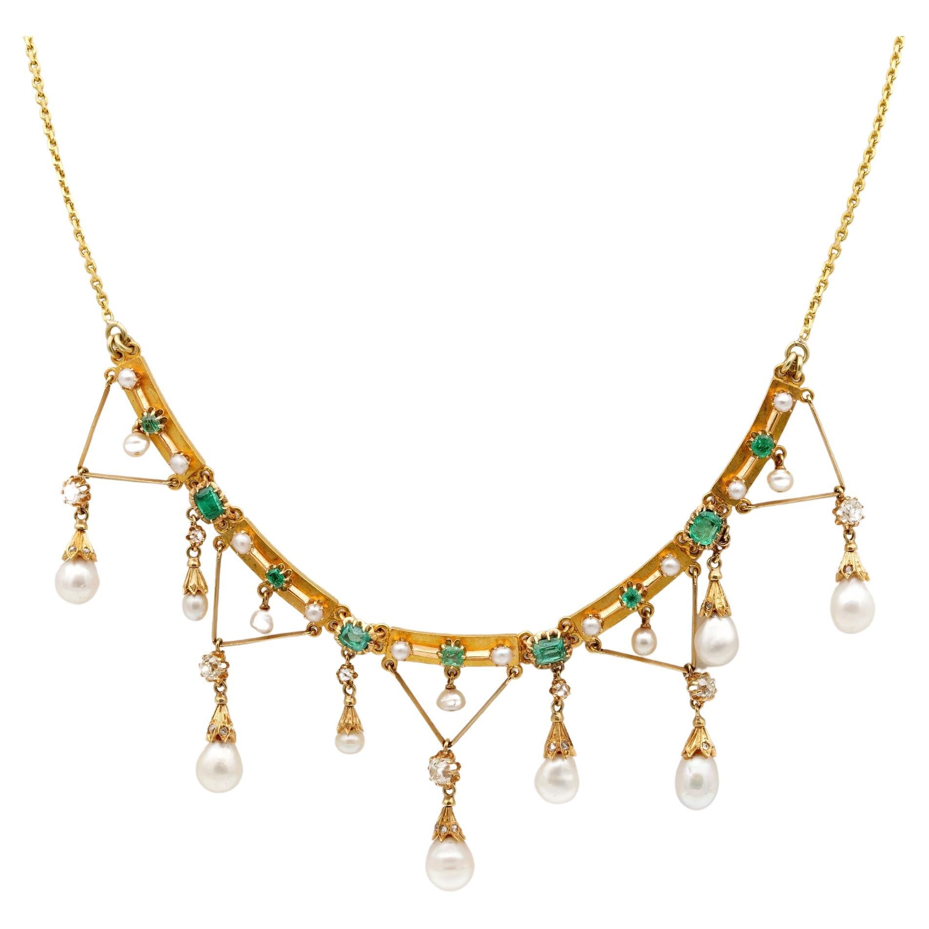 Frühe seltene Diamant-Perlen-Smaragd-Swag-Halskette im Edwardian-Stil
