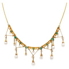 Frühe seltene Diamant-Perlen-Smaragd-Swag-Halskette im Edwardian-Stil