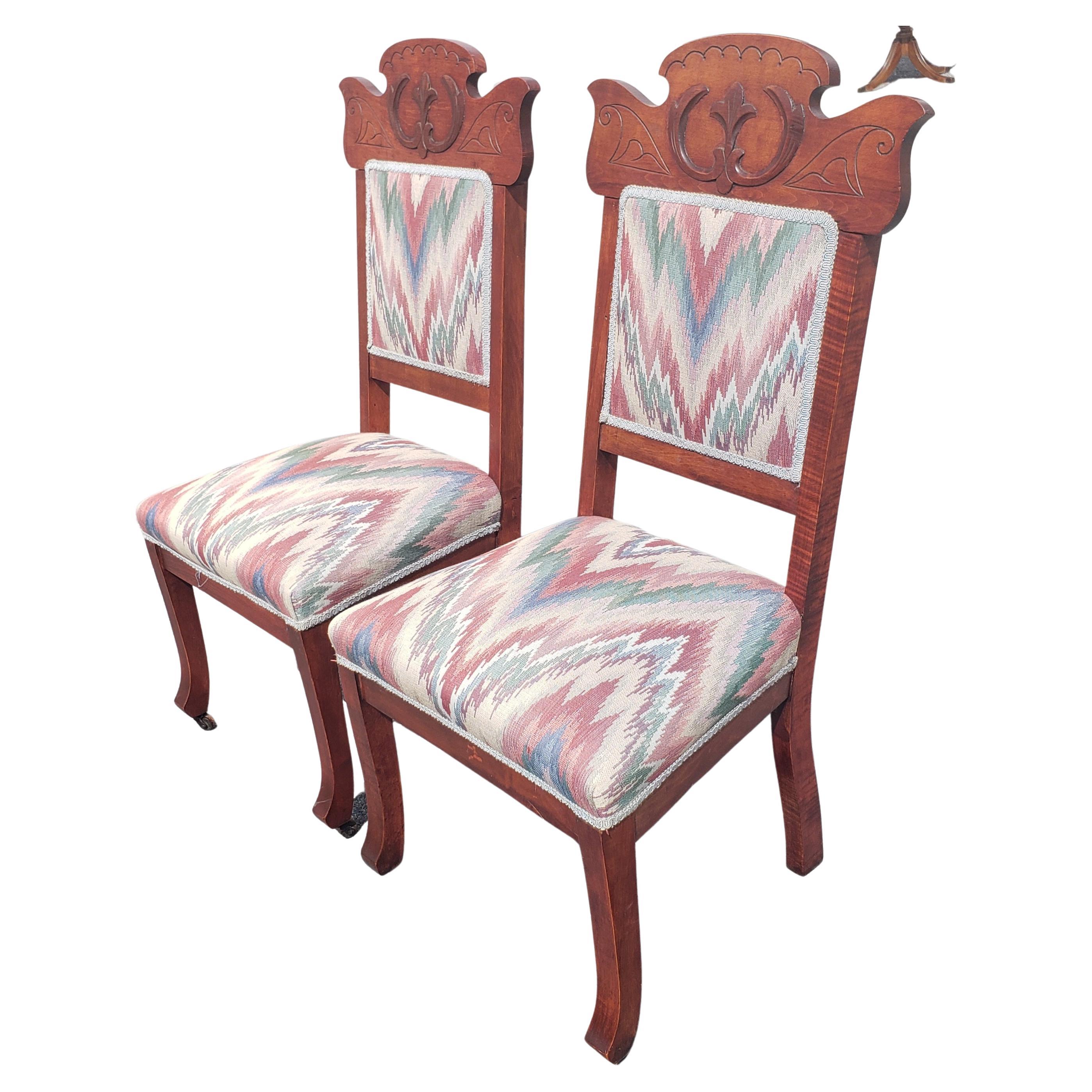 Upholstery Edwardian Eastlake Carved Mahogany Upholstered Chairs, circa 1920s, a Pair  For Sale